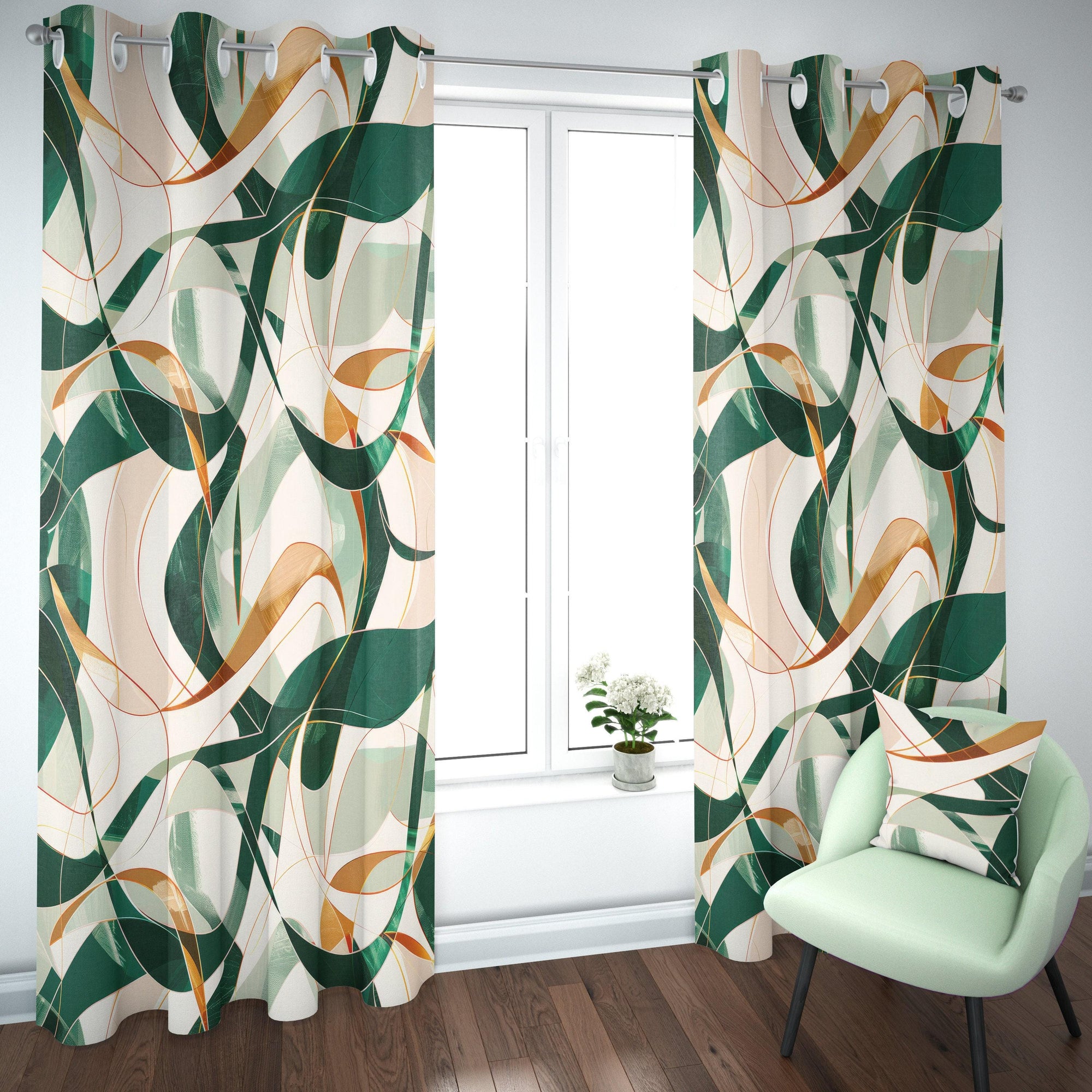 Abstract Curtain Panels, Green Orange Modern Abstract Print Curtains, Emerald Lines Abstract Style Living Room Drapes