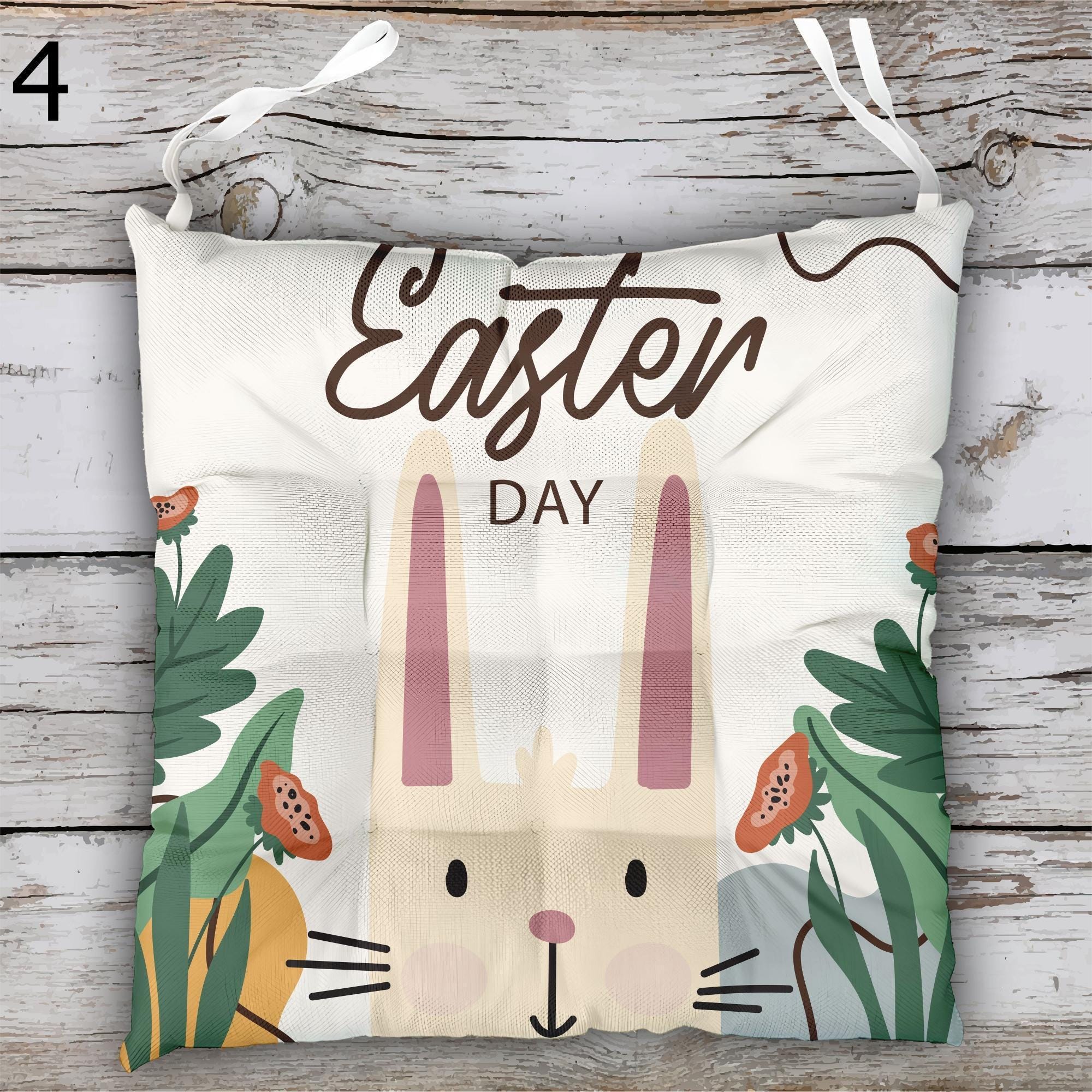 Easter Bunny Patio Cushions, Easter Chair Cushions, Colorful Easter Chair Cushions, Easter Outdoor Seat Pads, Easter Tie-On Chair Pads