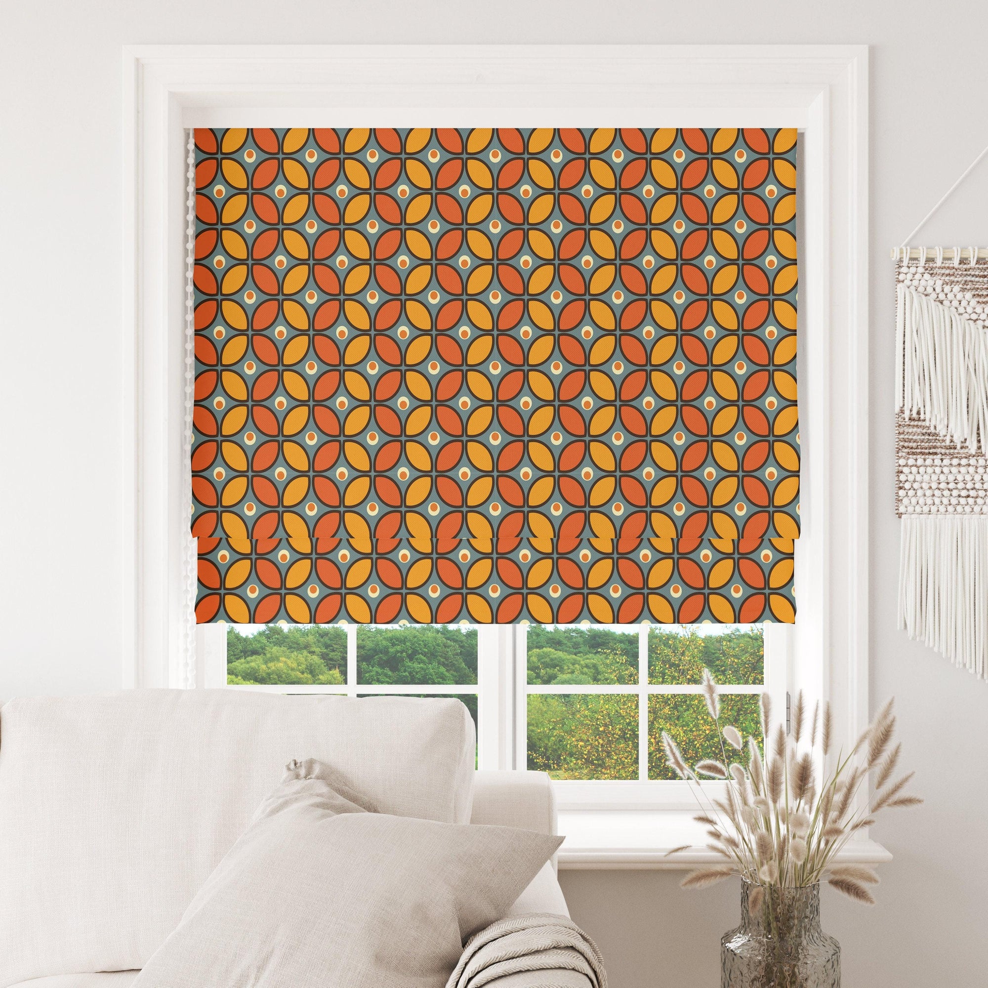 Mid Century Modern Curtain Panels, 70s Floral Curtain, 70s Retro Orange Curtain, Retro Blackout Curtains, Mid Century Grommet Curtain