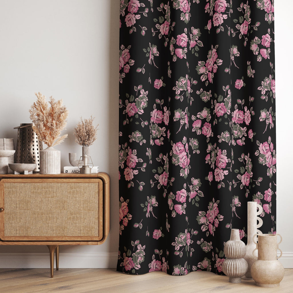 Floral Curtain Panels, Farmhouse Floral Window Curtain, Black Pink Floral Curtain, Floral Grommet Curtain, Pink Roses Floral Print Drapes