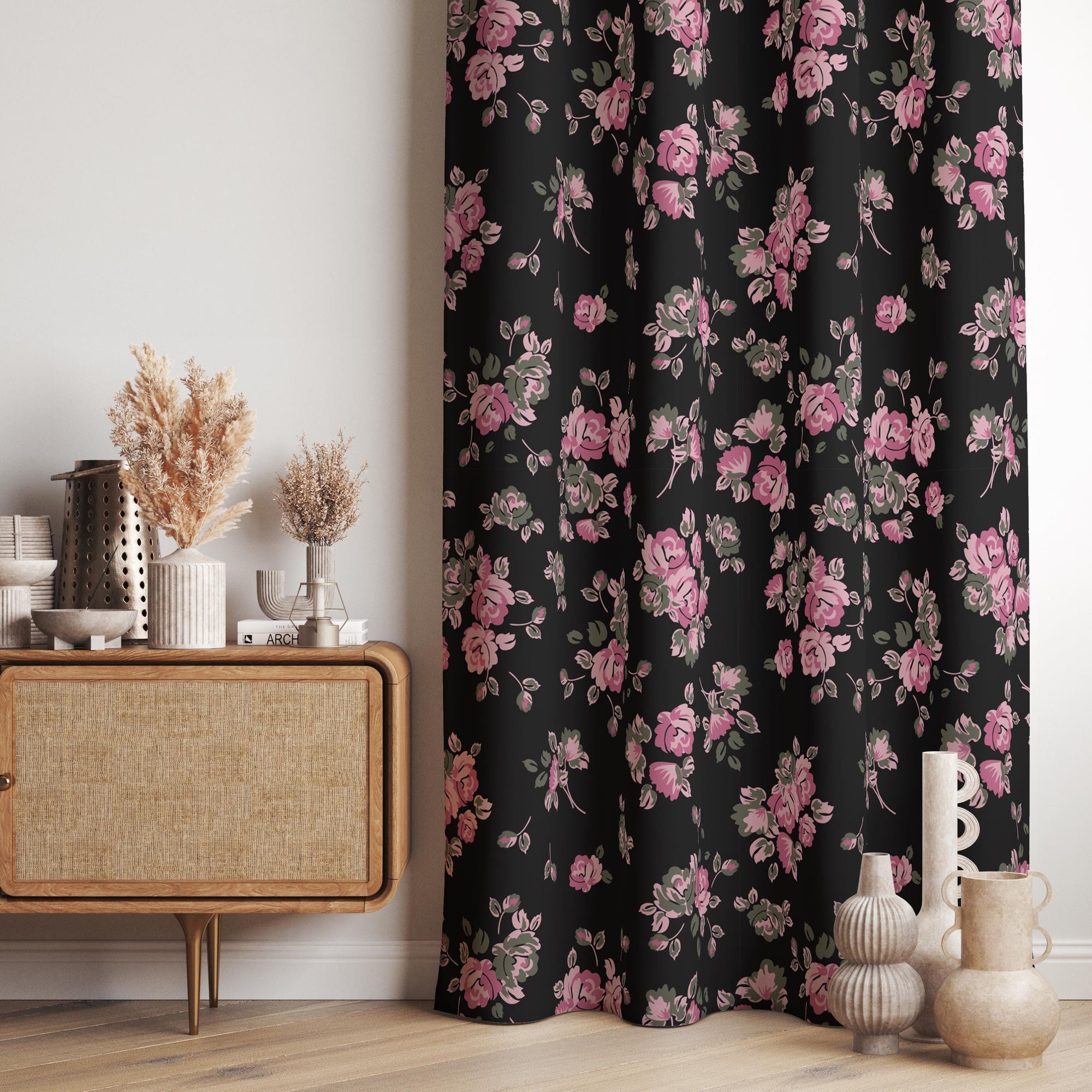 Floral Curtain Panels, Farmhouse Floral Window Curtain, Black Pink Floral Curtain, Floral Grommet Curtain, Pink Roses Floral Print Drapes