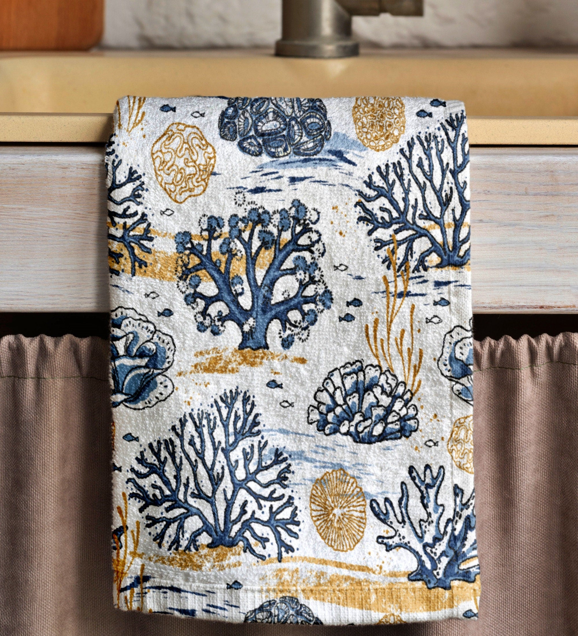 Coral Pattern Tea Towel, Ocean Themed Hand Towel, Deep Sea Dish Towel, Nautical Tea Towel, Kitchen Tea Towel, Coastal Kitchen Towel