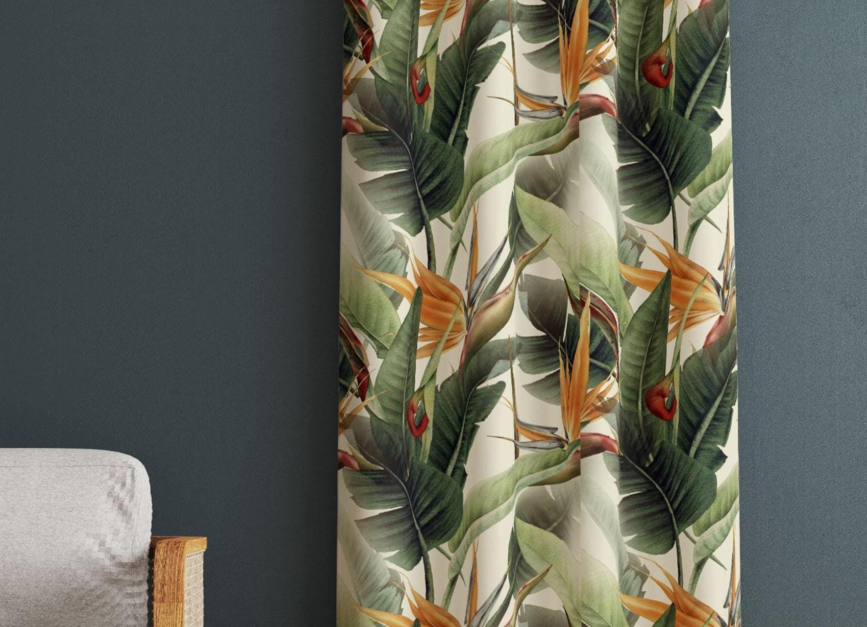 Tropical Window Curtains, Paradys Green Curtains, Botanical Green Leaves Curtain, Tropical Orange Flowers Curtains, Botanical Print Drapes