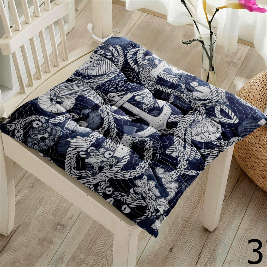 Nautical Square Chair Pad, Ocean Chair Cushion with Ties, Marine Chair Pads with Ties, Coastal Patio Chair Cushions, Summer Chair Cushions