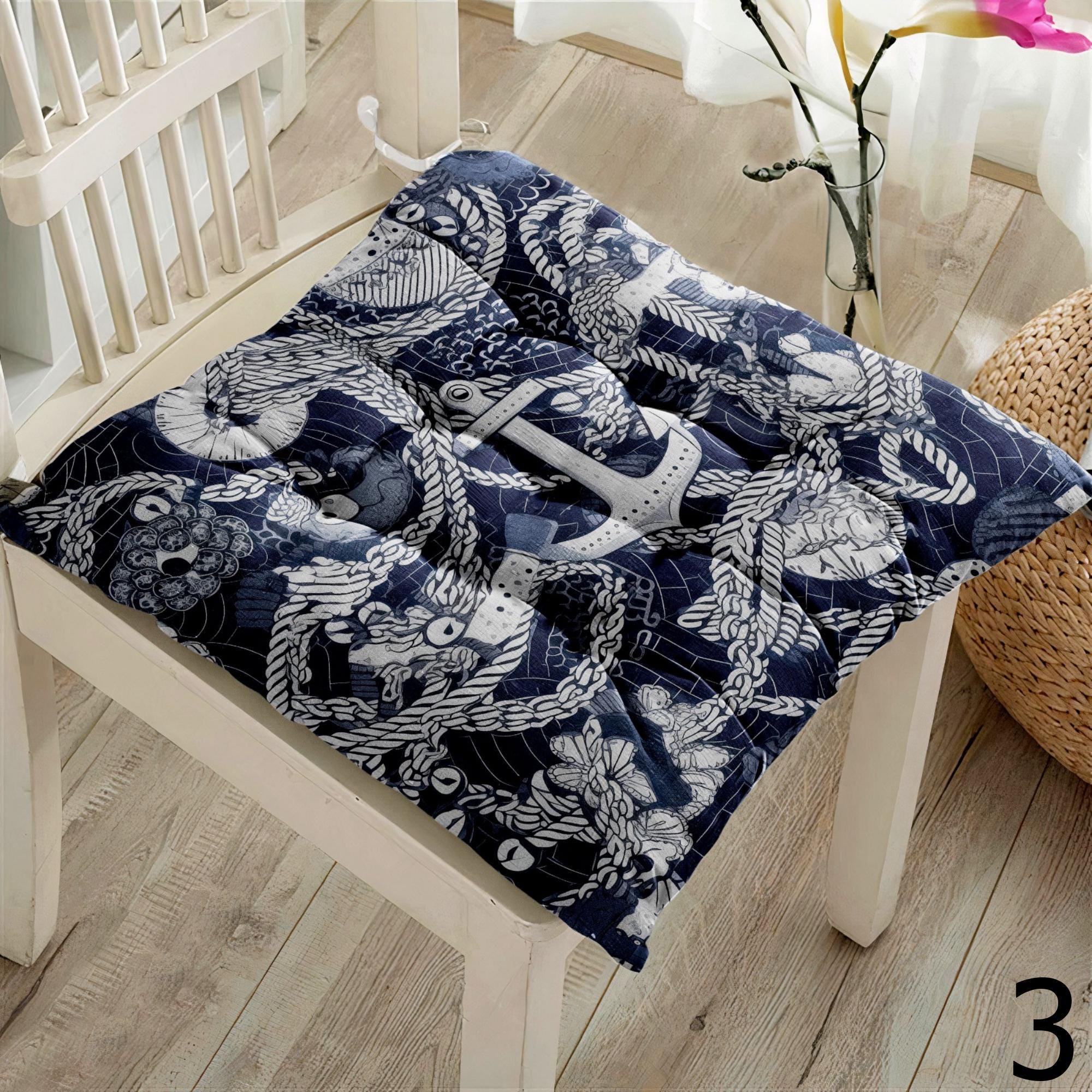 Nautical Square Chair Pad, Ocean Chair Cushion with Ties, Marine Chair Pads with Ties, Coastal Patio Chair Cushions, Summer Chair Cushions