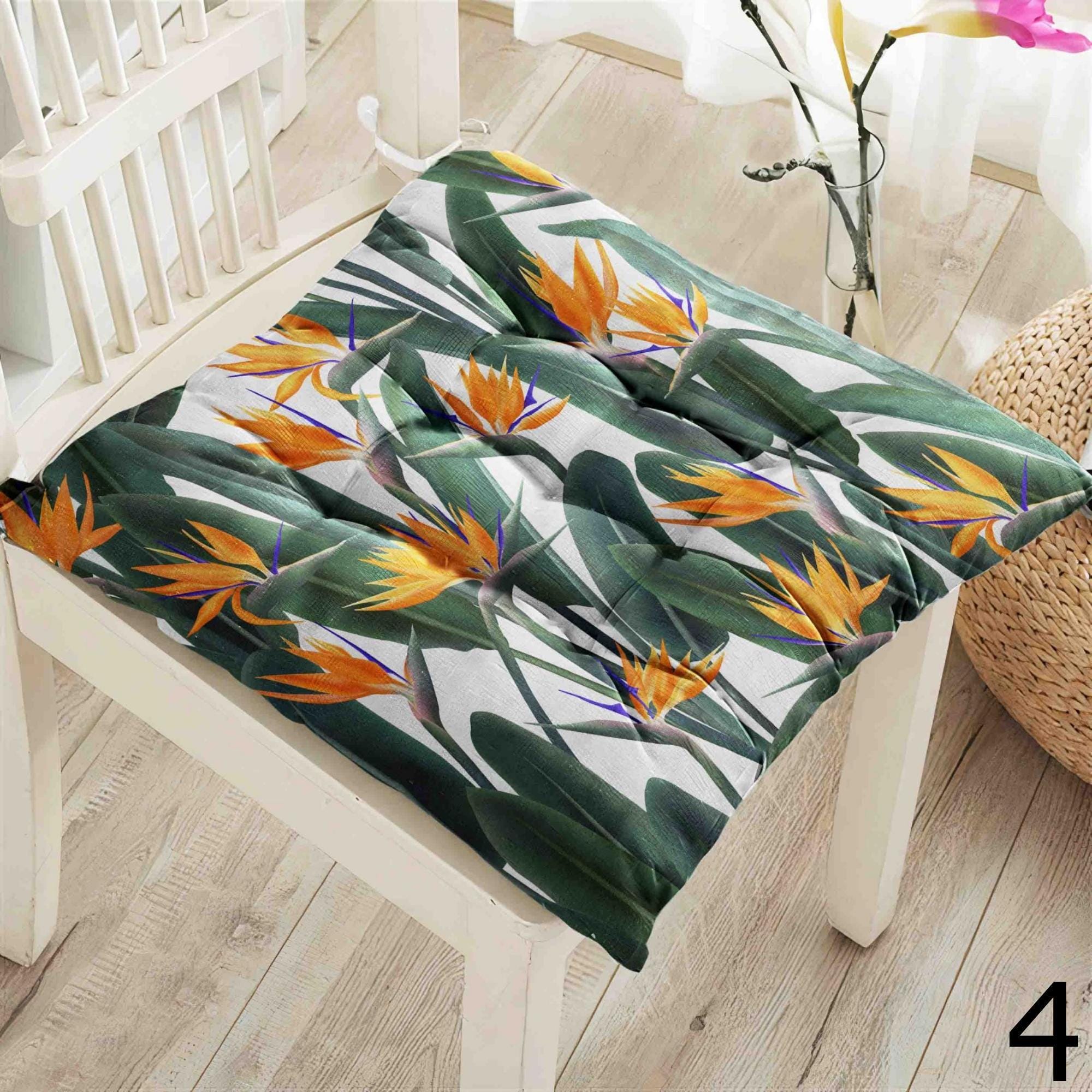 Tropical Floral Chair Cushions, Hawaiian Leaf Seat Pad Covers, Exotic Summer Patio Pillows, Botanical Island Decor Chair Pads
