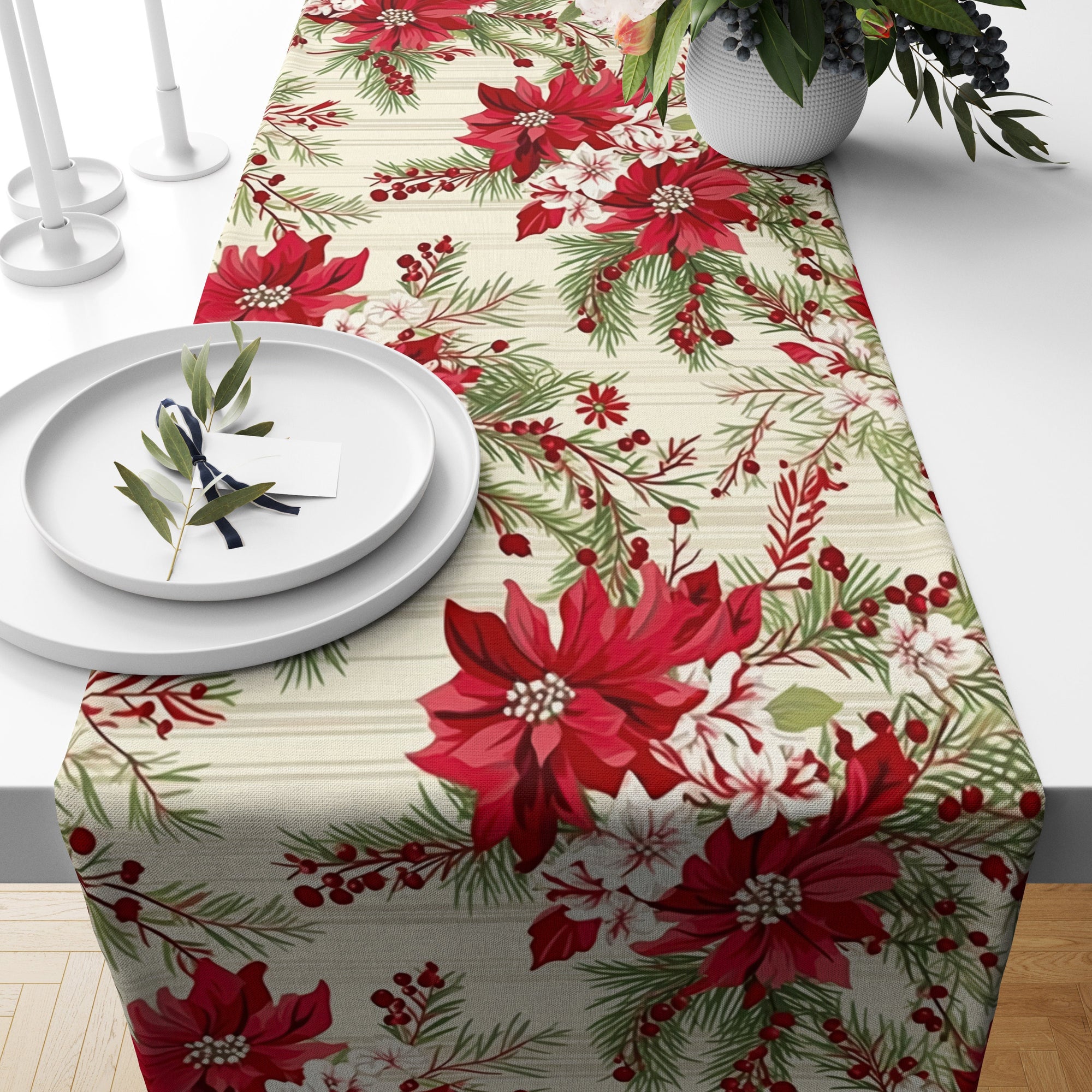 Christmas Table Runner, Poinsettia Table Runner, Holiday Party Table Decor, Xmas Table Runner, Christmas Party Table, Christmas Gift