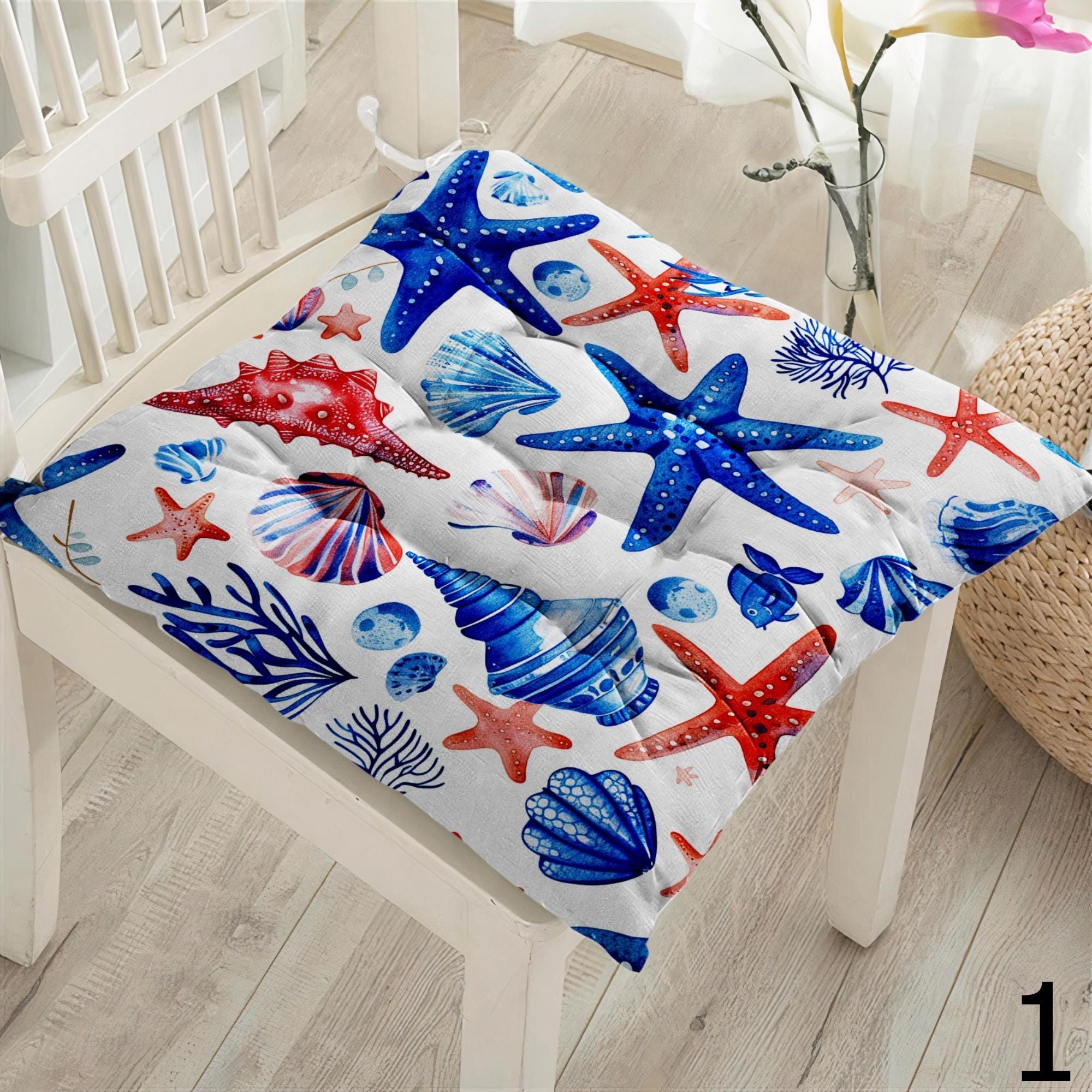 Coastal Sea Life Chair Pads, Nautical Ocean Seat Cushions, Starfish Coral Design Summer Patio Cushions, Beach Home Chair Cushions