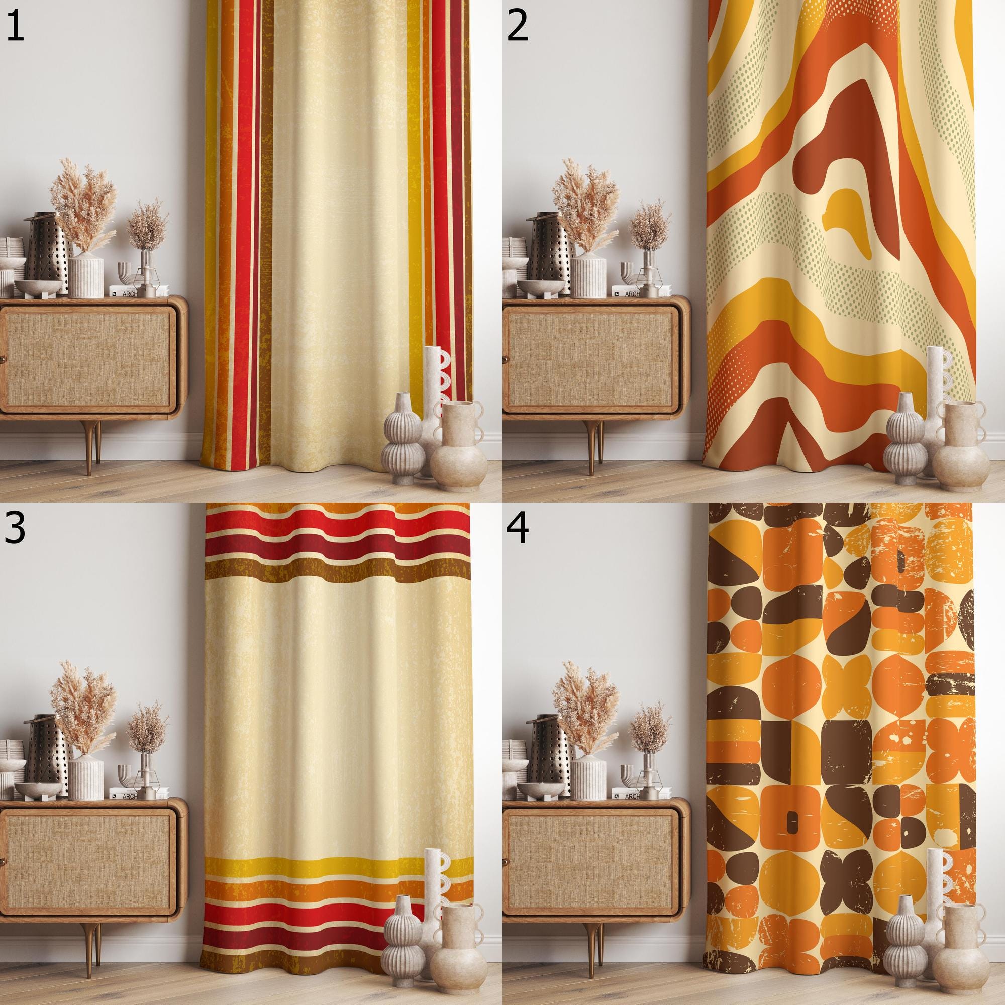 Retro Curtains, Mid Century Modern Curtain Panels, 70s Retro Orange Window Curtain, Mcm Retro Style Living Room Curtain, 80s Curtain Panels