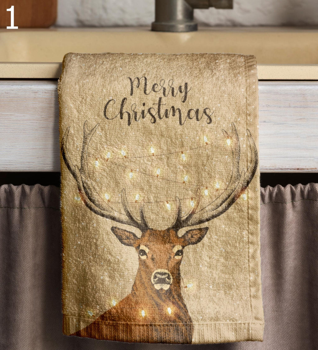 Xmas Winter Tea Towel,  Deer Print Kitchen Towels, Christmas Tea Towels, Xmas Kitchen Tea Towels, Christmas Reindeer Tea Towels