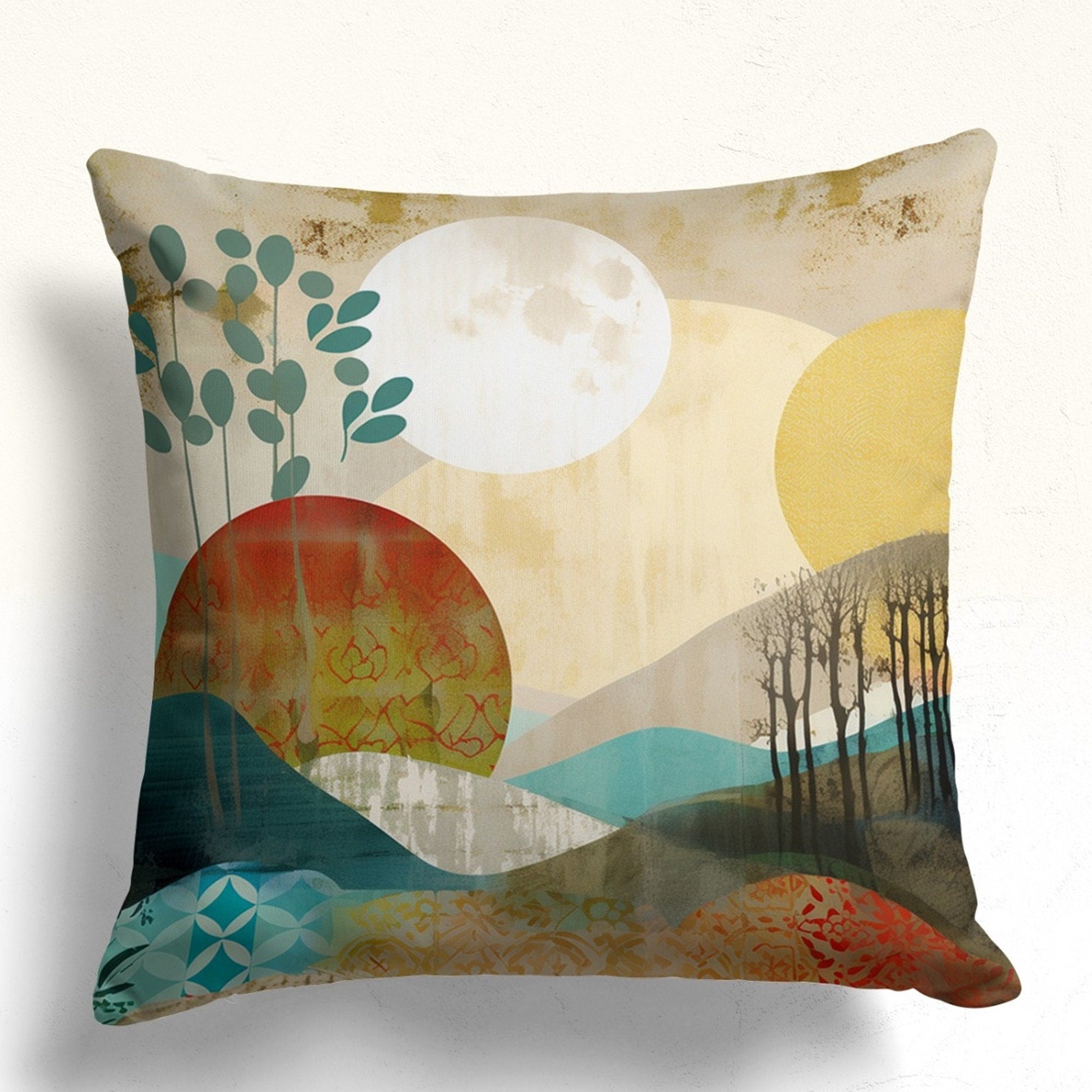 Landscape Abstract Pillow Cover, Boho Floral Abstract Pillowcase, Painting of a Landscape Pillow Case, Abstract Boho Throw Pillow Covers,