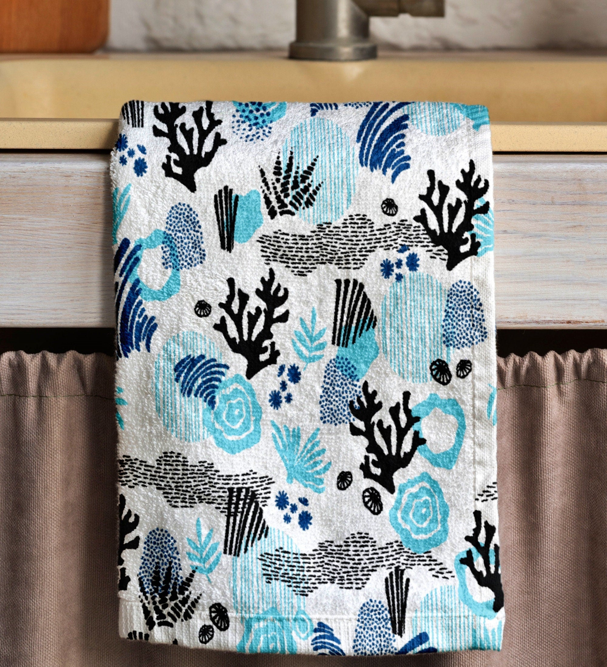 Coral Pattern Tea Towel, Ocean Themed Hand Towel, Deep Sea Dish Towel, Nautical Tea Towel, Kitchen Tea Towel, Coastal Kitchen Towel