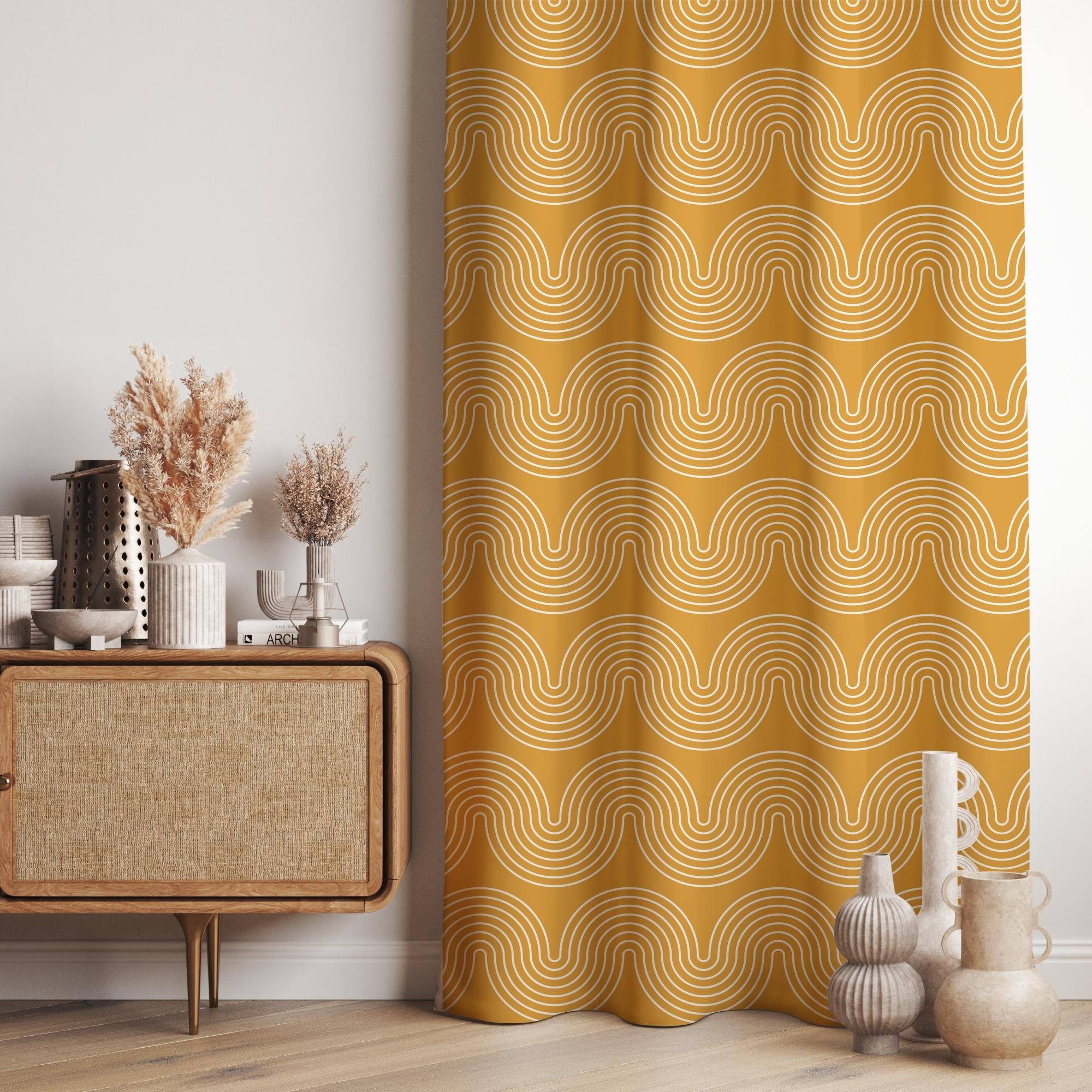 70s Retro Curtains, Retro Wavy Curtain Panels, Mid Century Modern Window Curtain, 80s Psychedelic Wave Drapes, MCM Mustard Curtains