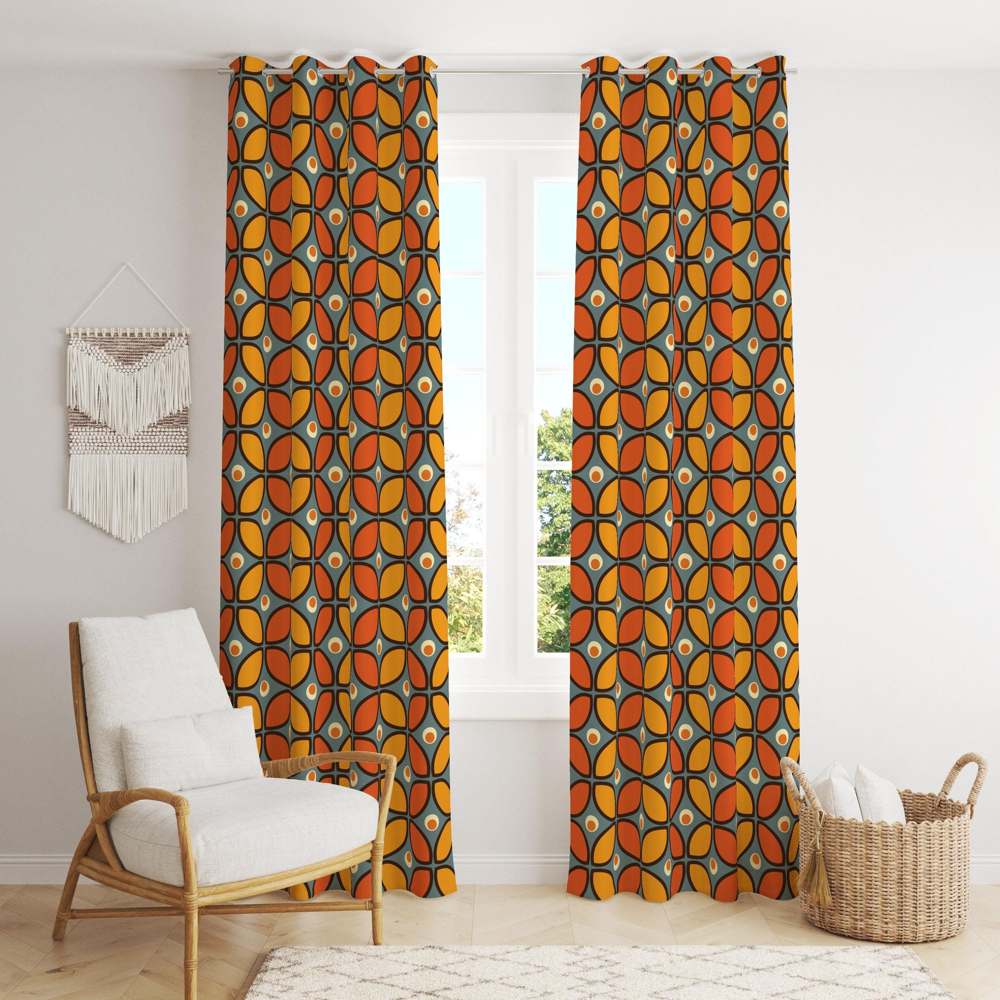 Mid Century Modern Curtain Panels, 70s Floral Curtain, 70s Retro Orange Curtain, Retro Blackout Curtains, Mid Century Grommet Curtain
