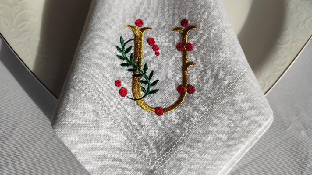 Personalized Christmas Napkins, Holly Misletoe Linen Napkins, Xmas Linen Napkins, Holly Monogrammed Linen Napkins