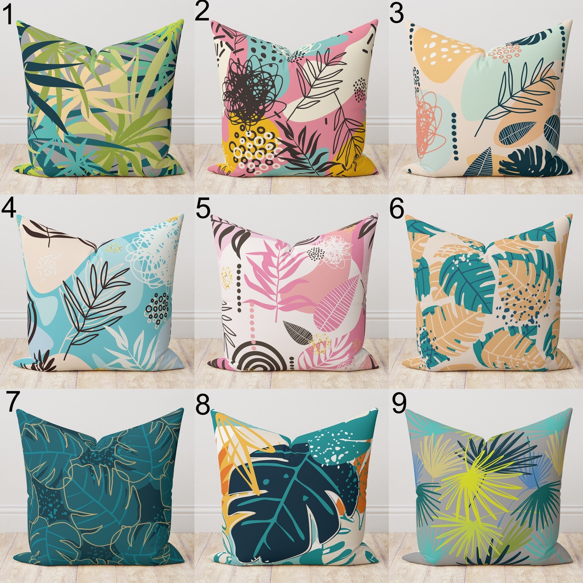 Botanical Leaf Pillow Cover, Modern Vintage Tropical Pillowcase, Colorful Tropical Leaf Cushion Cover, Exotic Leaves Pillow Cover