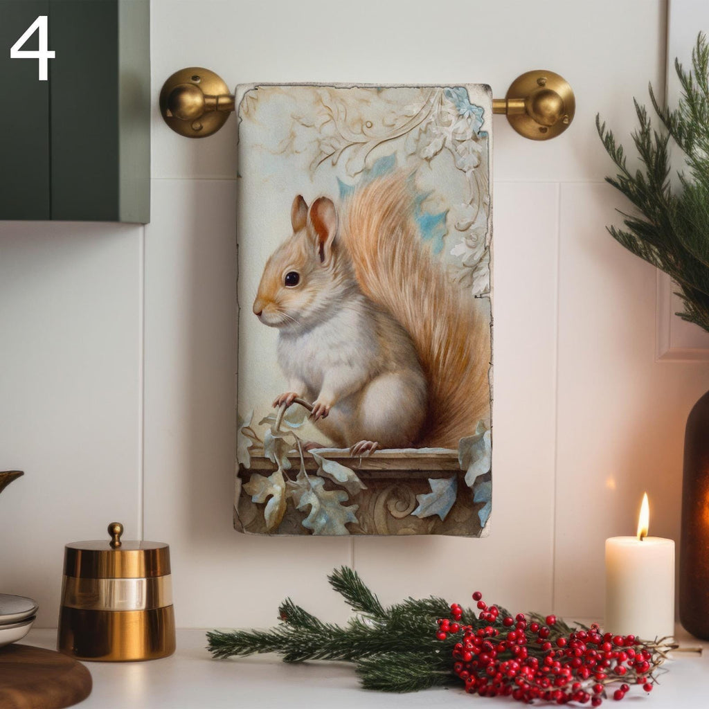 Christmas Fox Tea Towel, Xmas Cat Tea Towel, Cute Fox Dish Towels, Christmas Squirrel  Dish Towel, Xmas Hedgehog Tea Towel, Xmas Decor Towel