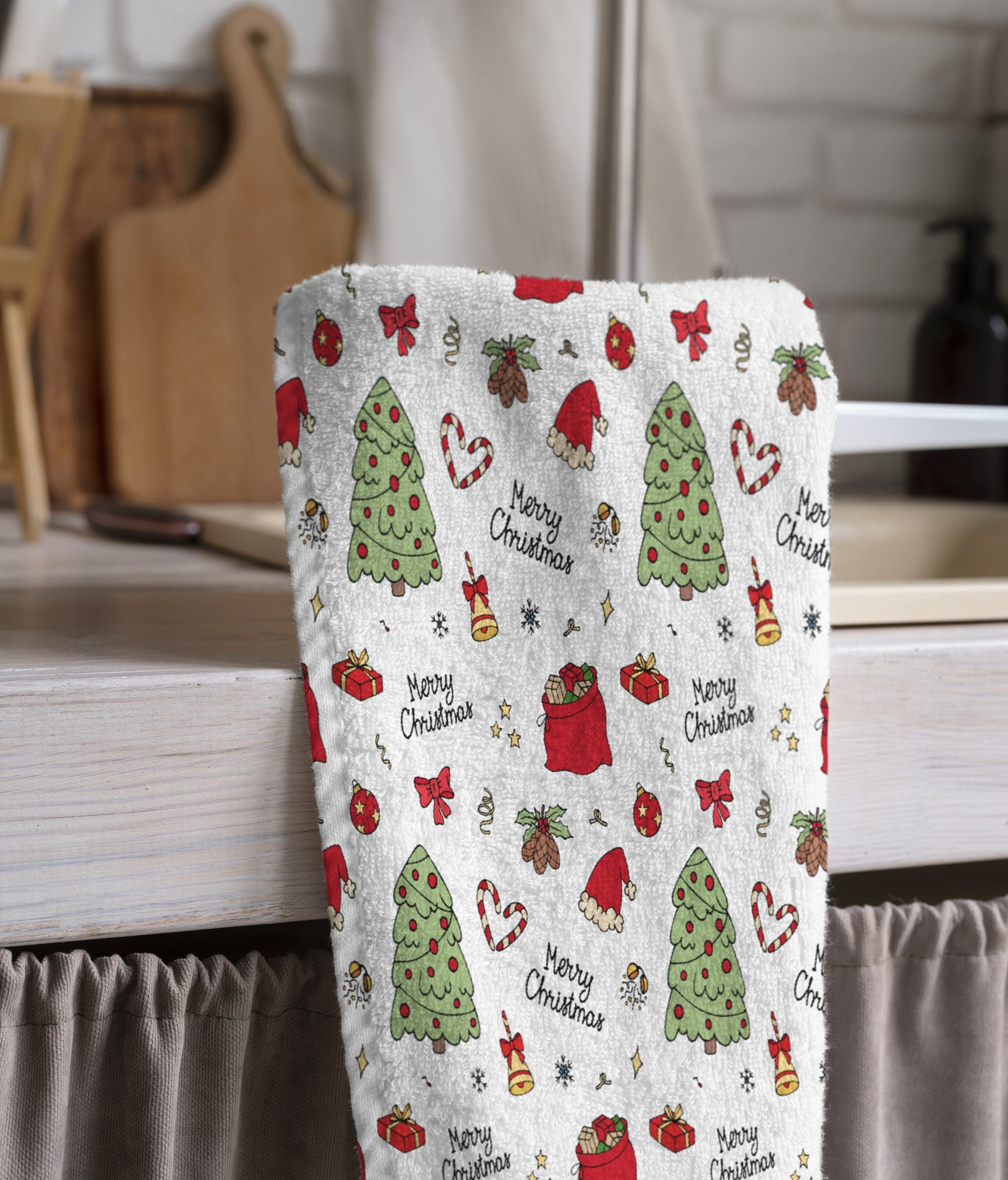 Christmas Tea Towels, Xmas Dish Towel, Christmas Santa Claus Tea Towel, Holly Pine Trees Hand Towel, Christmas Kitchen Towel