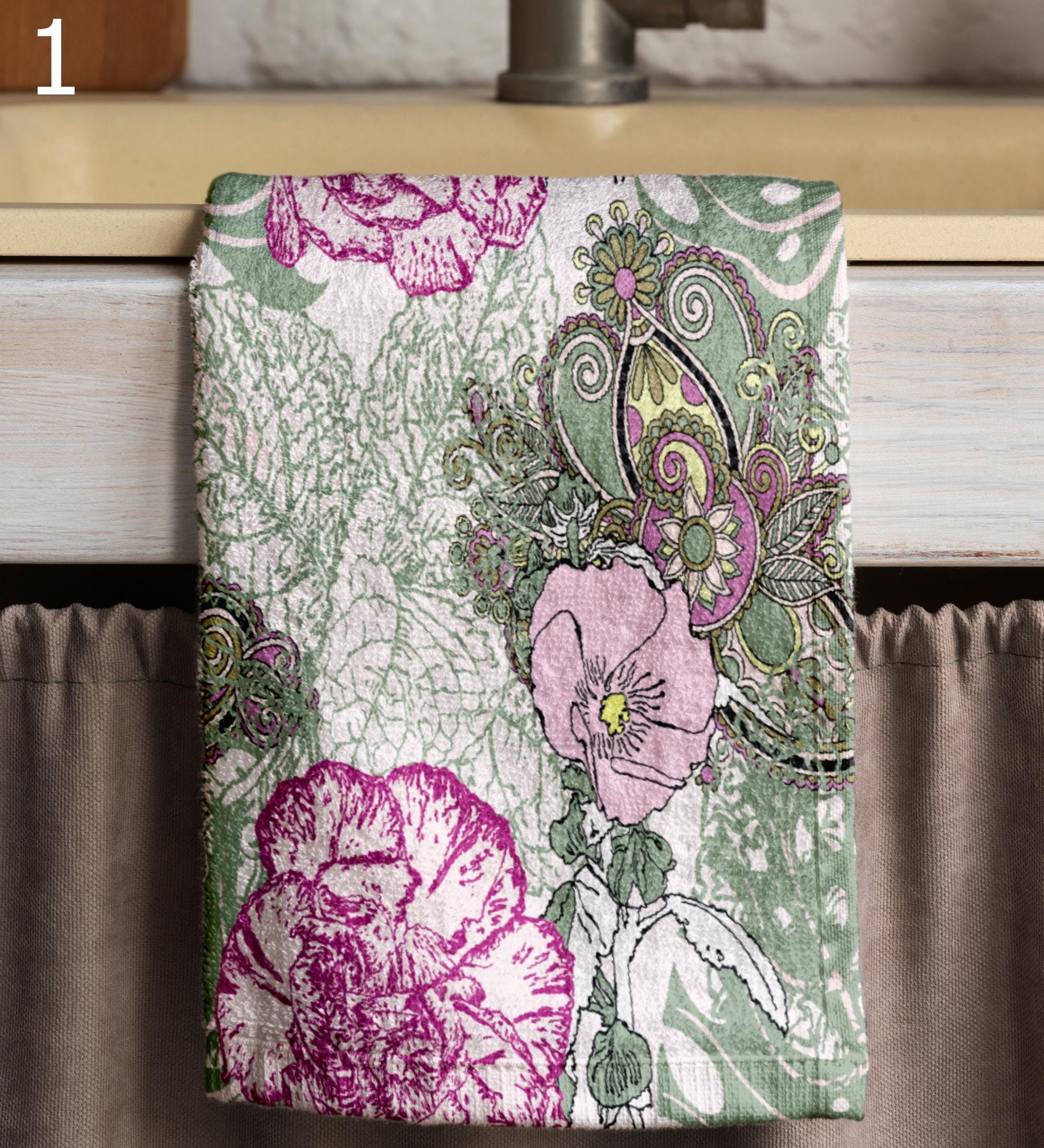 Floral Kitchen Towels, Botanical Dish Towel, Vintage Floral Style Tea Towels, Pink & Purple Flower Hand Towels