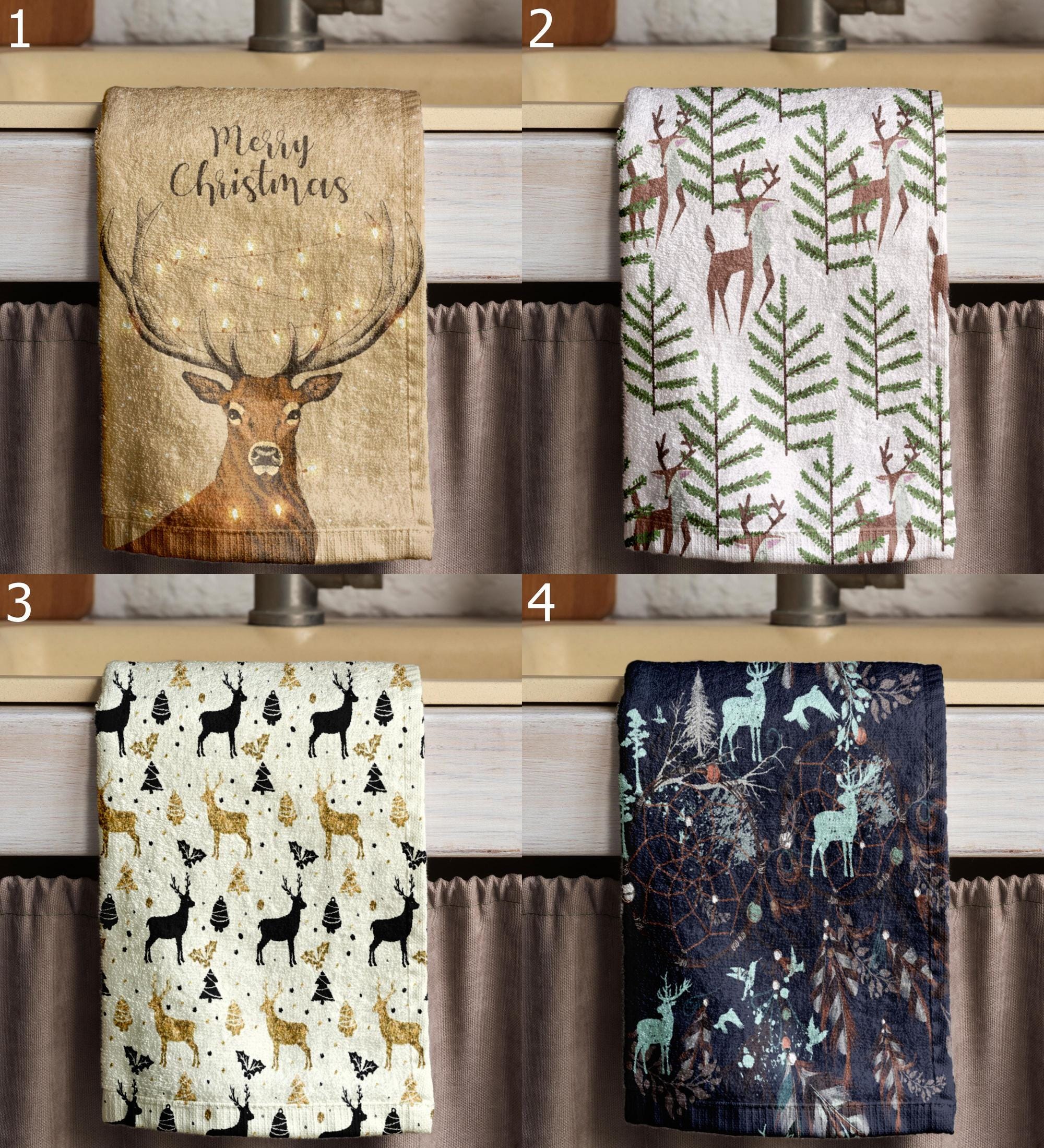 Mery Christmas Hand Towels, Xmas Reindeer Tea Towels, Holly Deer Dish Towels, Christmas Kitchen Decor Dish Towel, Noel Kitchen Towels