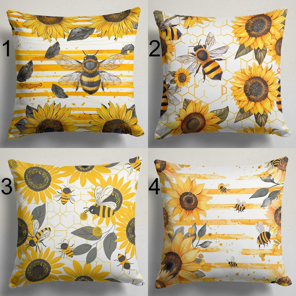Sunflowers and Bee Pillow Cover, Bee Throw Pillow Cover, Summer Decor Pillow Cover, Sunflower Pillow Case, Sunflower Accent Cushion Cover