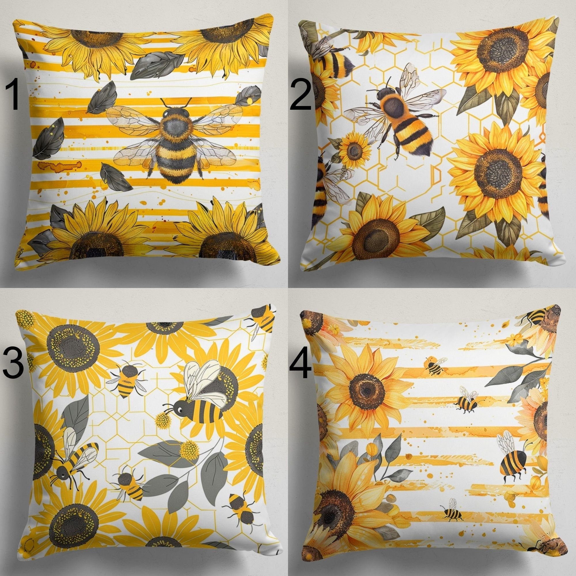 Sunflowers and Bee Pillow Cover, Bee Throw Pillow Cover, Summer Decor Pillow Cover, Sunflower Pillow Case, Sunflower Accent Cushion Cover