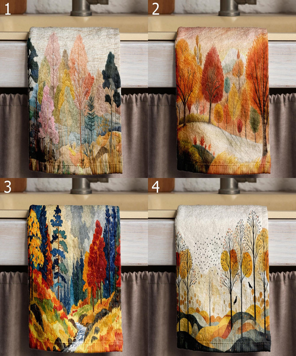 Fall Tea Towels, Autumn Landscape Tea Towels, Autumn Printed Dish Towels, Fall Abstract Dish Towel, Fall Landscape Kitchen Towels