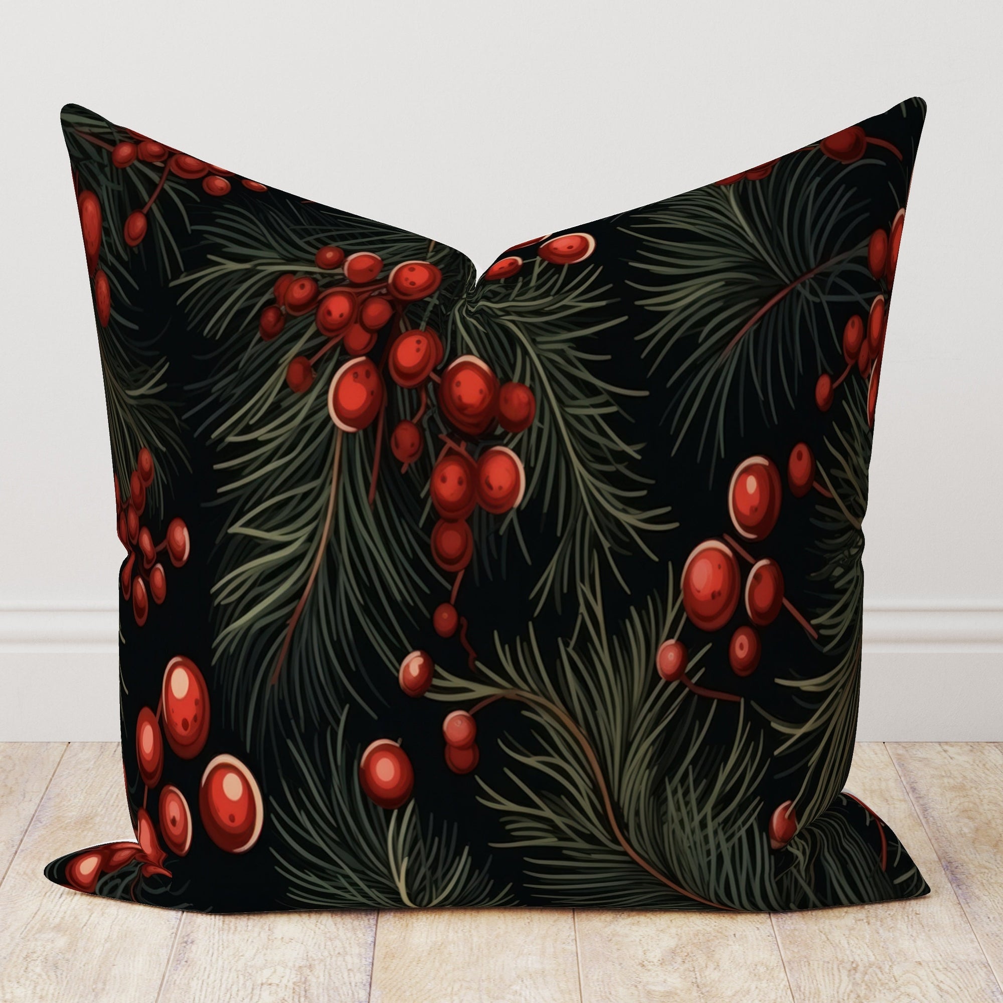 Holly Red Berry Flowers Pillow Cover, Christmas Pine Berry Cushion Cover, Floral Red Berries and Leaves Pillow Cover, Christmas Berry Pillow