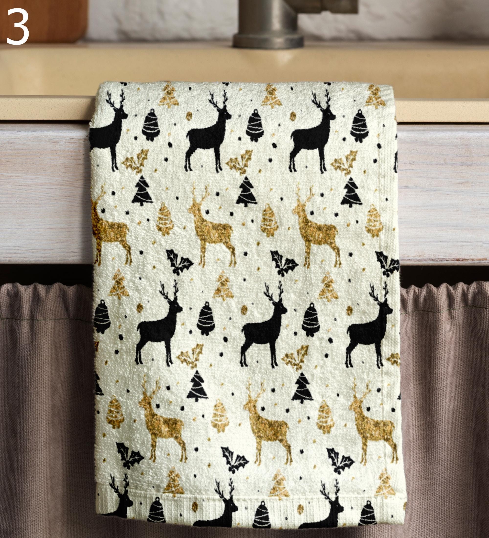 Mery Christmas Hand Towels, Xmas Reindeer Tea Towels, Holly Deer Dish Towels, Christmas Kitchen Decor Dish Towel, Noel Kitchen Towels