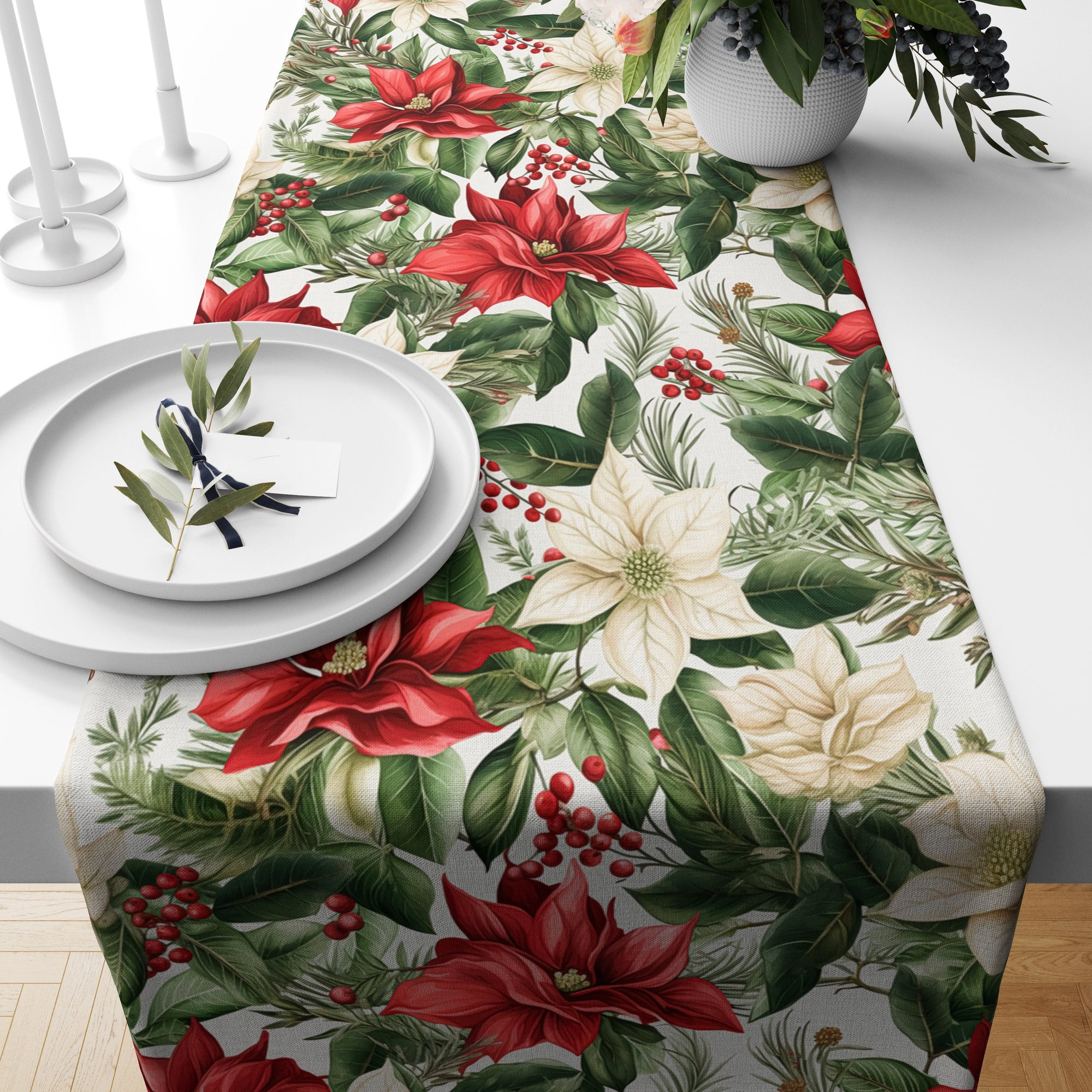 Christmas Table Runner, Poinsettia Table Runner, Holiday Party Table Decor, Xmas Table Runner, Christmas Party Table, Christmas Gift