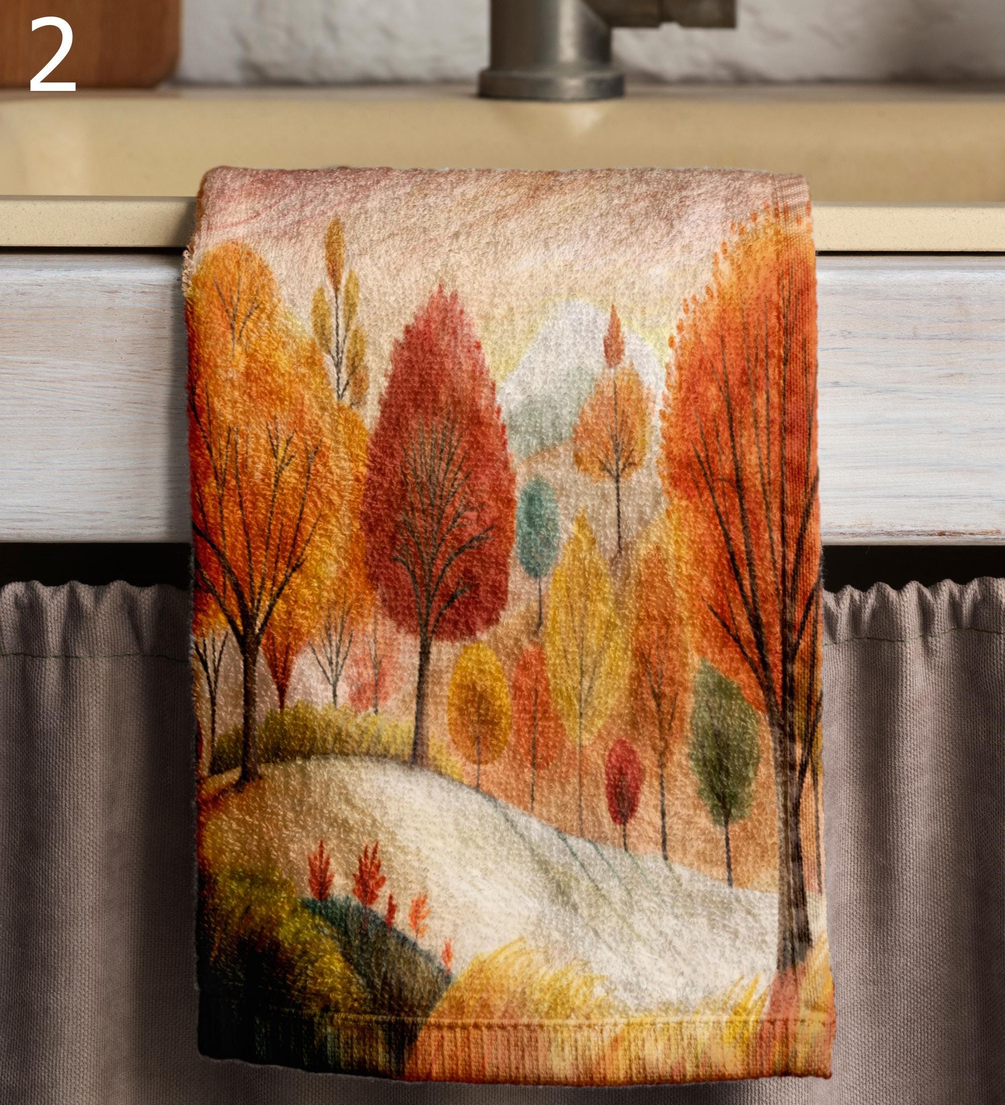 Fall Tea Towels, Autumn Landscape Tea Towels, Autumn Printed Dish Towels, Fall Abstract Dish Towel, Fall Landscape Kitchen Towels