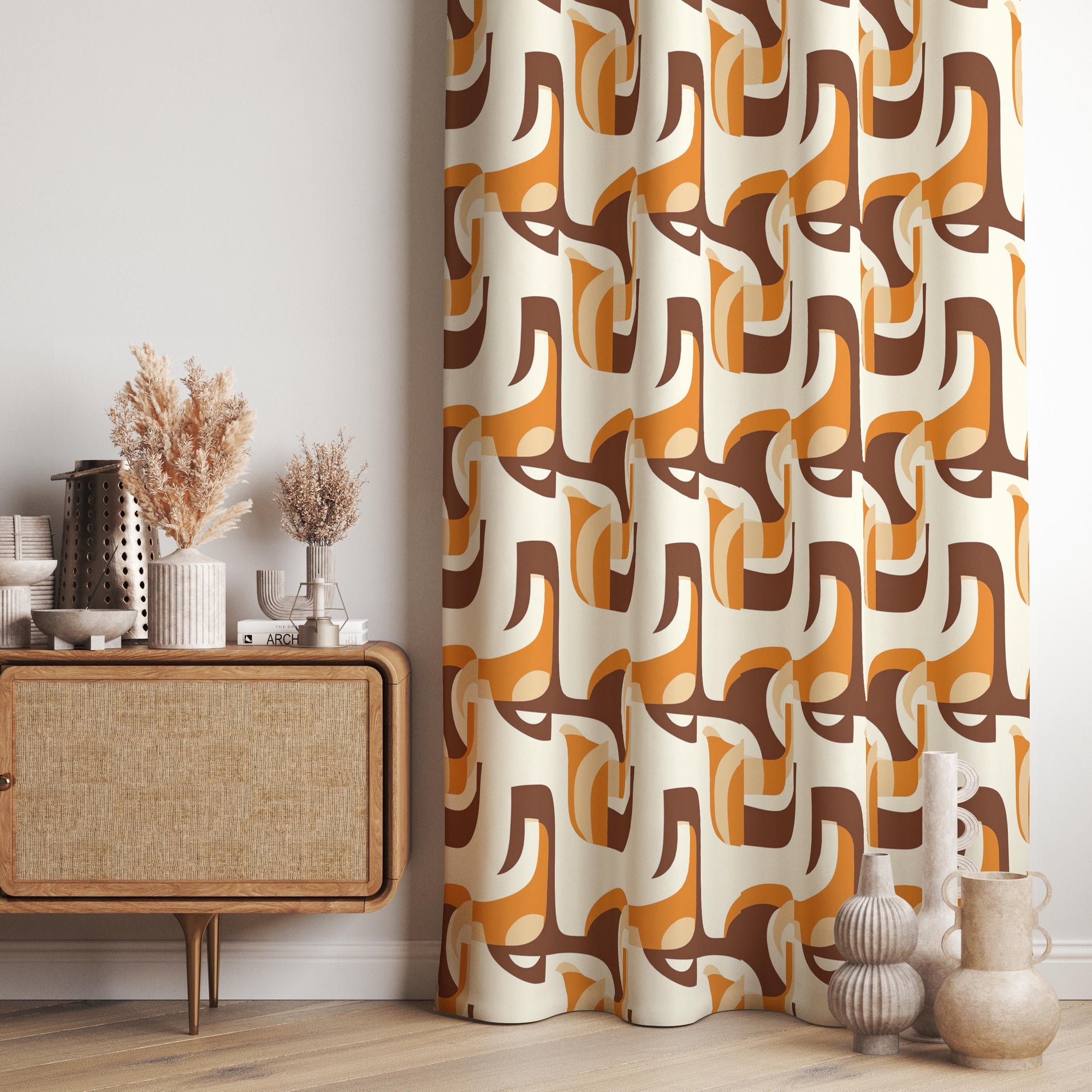 Mid Century Modern Window Curtains, Retro Curtain Panels, MCM Print Curtain, Orange Retro Style Living Room Curtain, 70s Retro Curtains