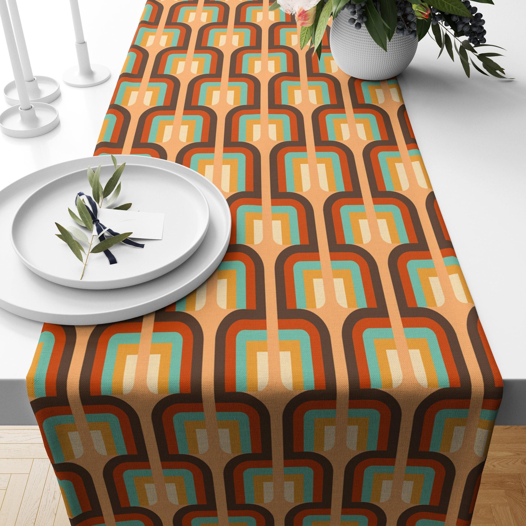 Retro Mid Century Modern Geometric Table Runner, Retro Party Table Decor, 70s Table Decor, Geometric Retro Table Runner