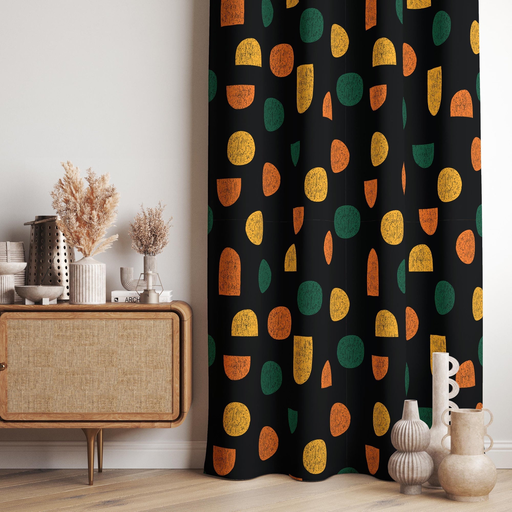 Retro Curtains, 70s Retro Curtains, Retro Black Orange Curtains, Mid Century Window Curtains, MCM Grommet Curtain, Mid Century Print Drapes