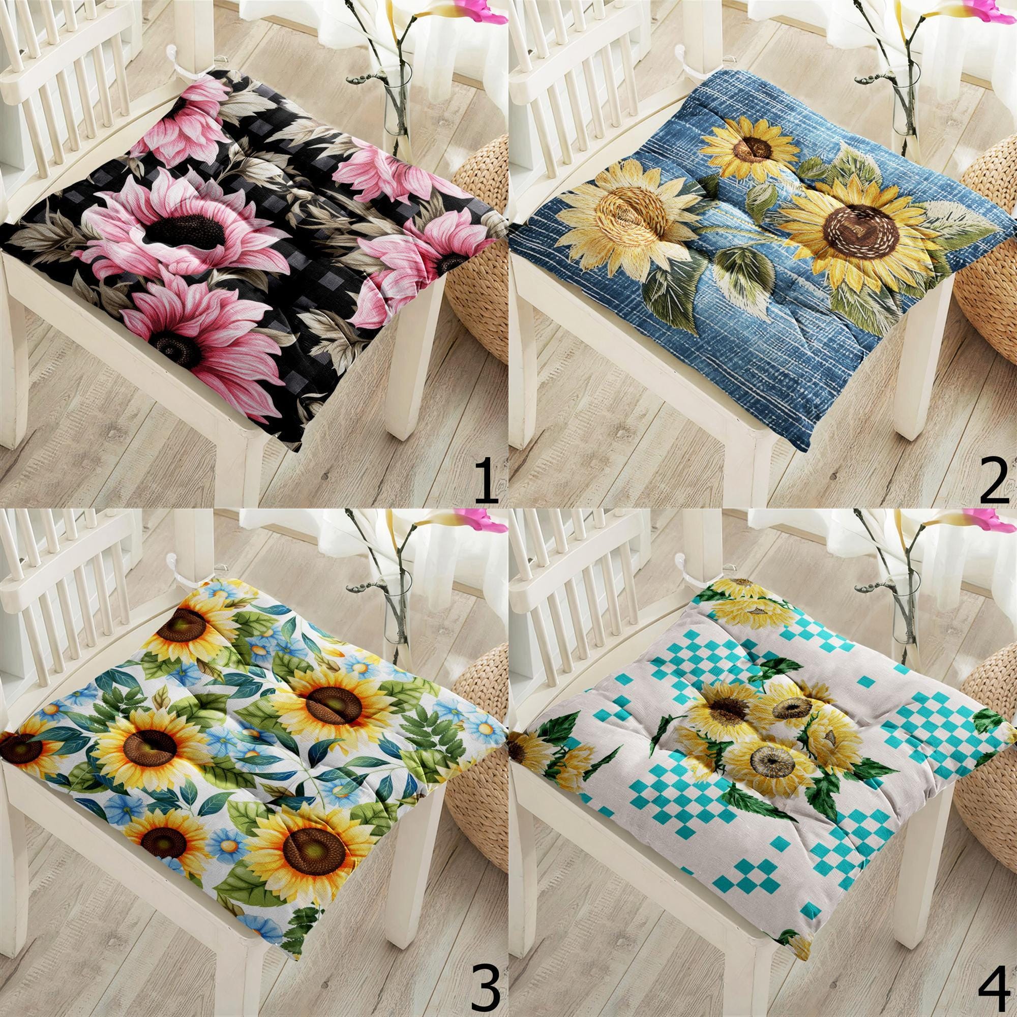 Sunflower Seat Pads, Floral Chair Cushions, Country Style Kitchen Chair Pillow, Rustic Flower Chair Pads, Indoor Outdoor Sunflower Cushions