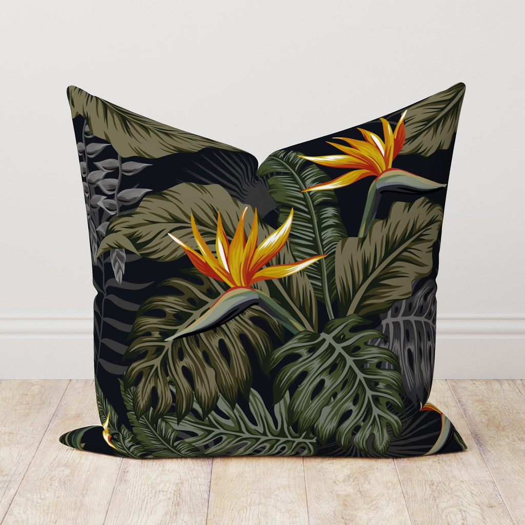 Exotic Flowers Pillowcase, Tropical Green Leaves Pillow Cover, Botanical Cushion Cover, Bird of Paradise Tropic Flowers Throw Pillow Cover