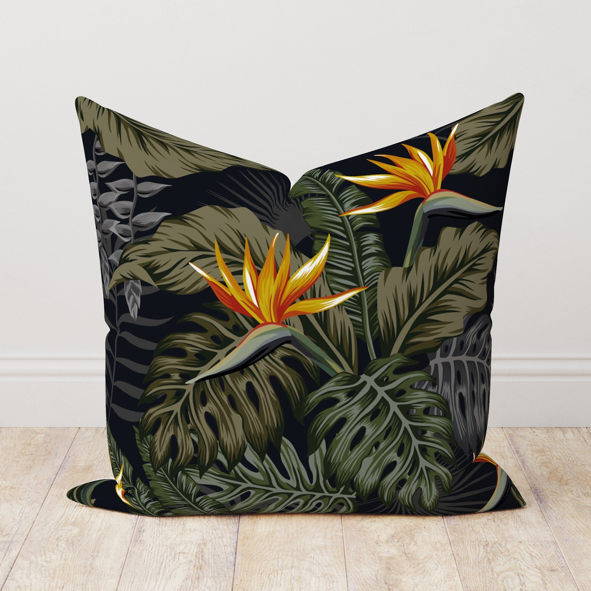 Exotic Flowers Pillowcase, Tropical Green Leaves Pillow Cover, Botanical Cushion Cover, Bird of Paradise Tropic Flowers Throw Pillow Cover