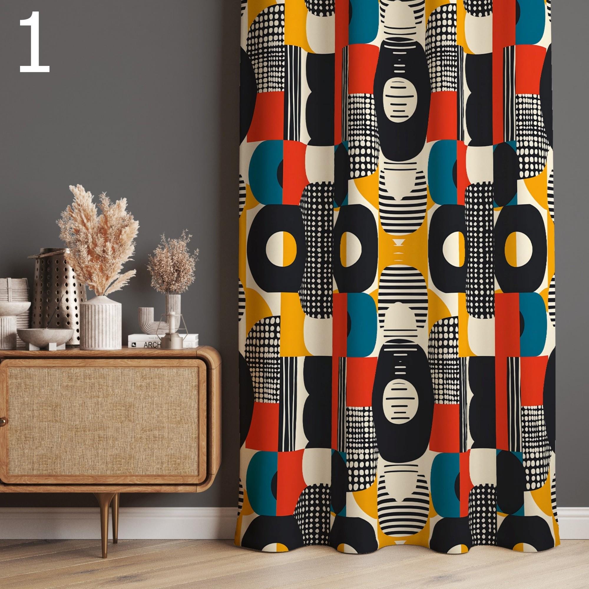 Retro Curtains, Mid Century Style Curtain Panels, 70s Retro Window Curtains, Retro Boho Curtains, Mid Century Colorful Printed Curtain