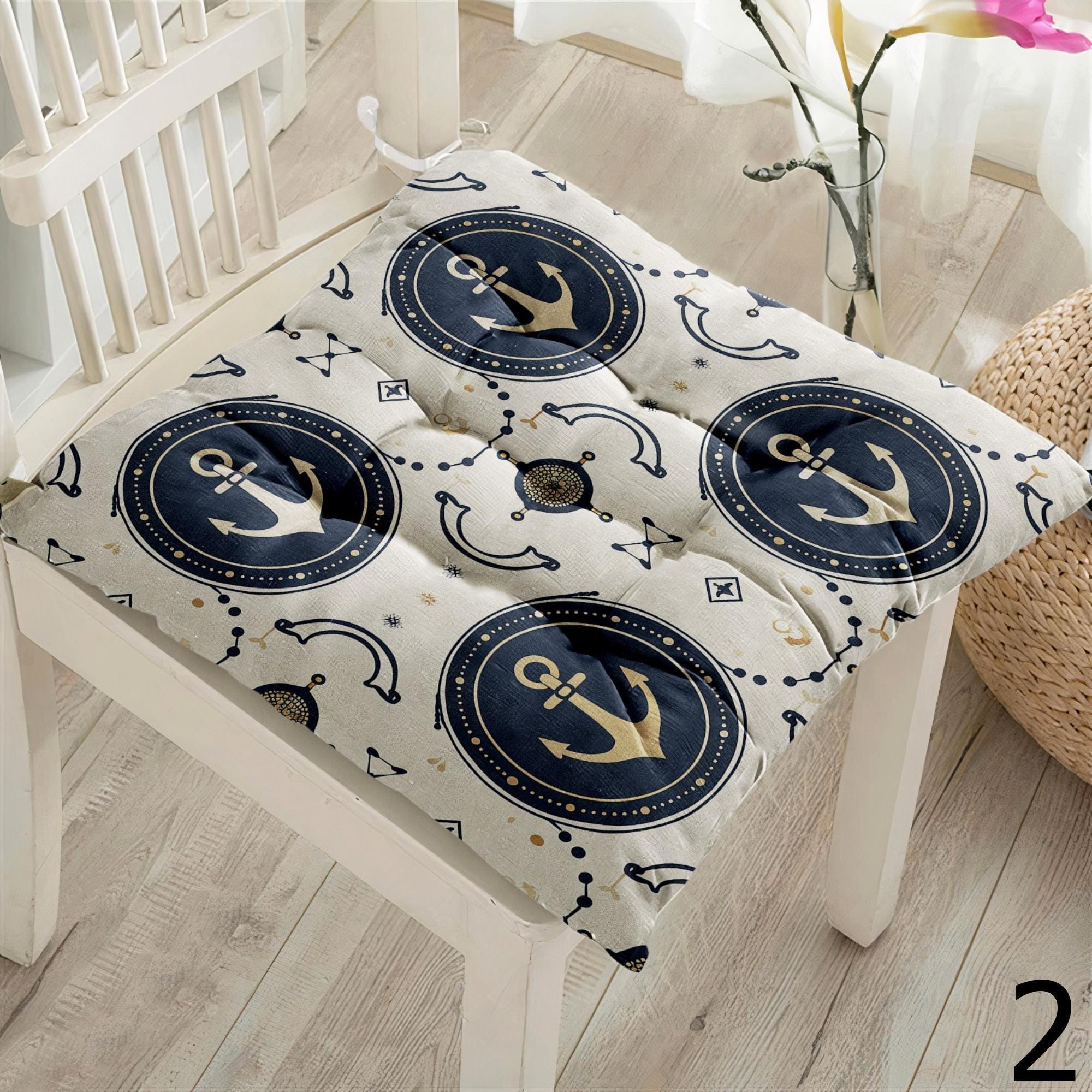 Nautical Chair Cushions, Anchor & Stripe Seat Covers, Coastal Navy Blue Chair Pads, Ocean Theme Patio Pillows, Marine Decor Chair Pillows