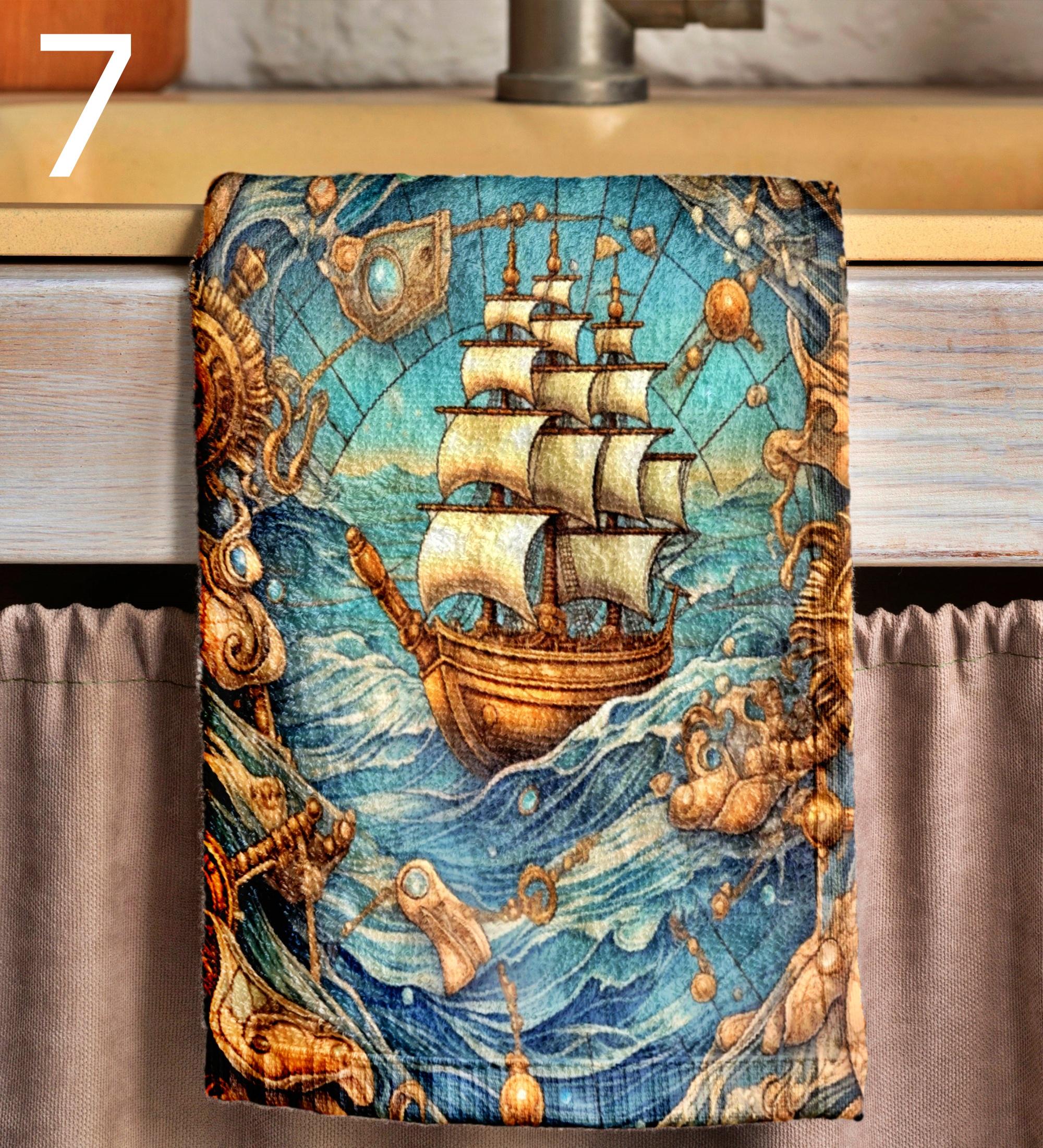 Sailor Tea Towels, Vintage Sailing Ship Dish Towel, Nautical Kitchen Towels, Nautical Hand Towels, Old Sailboat Kitchen Fingertip Towels