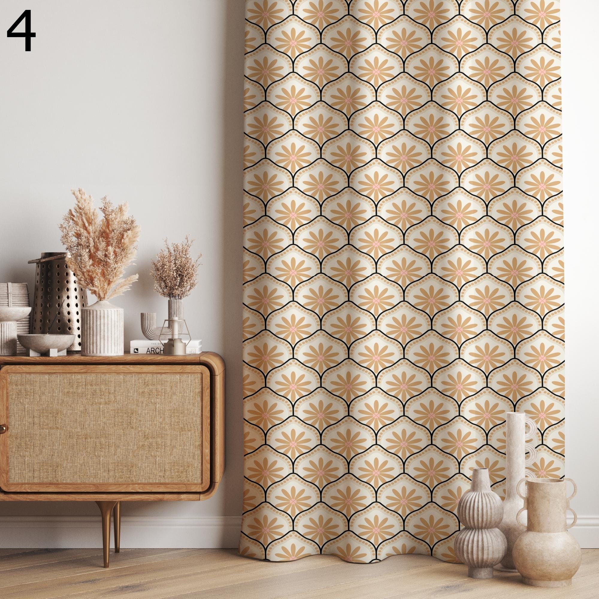 Retro Window Curtains, Retro Flowers Curtains, 70s Floral Curtain, Mid Century Style Printed Curtain, MCM Print Panel Curtains, 80s Drapes