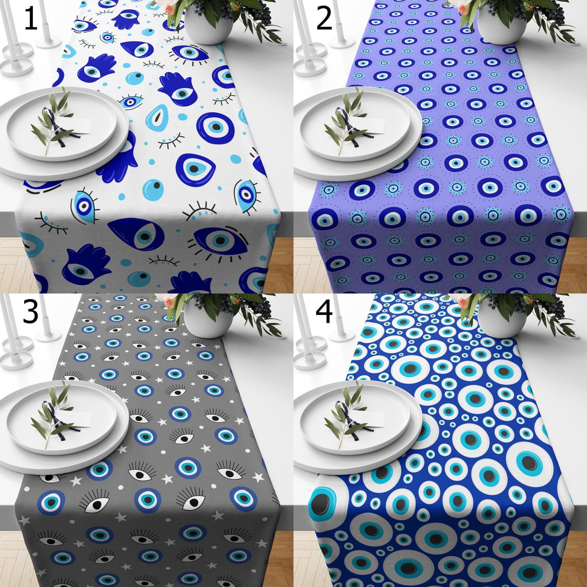 Blue Evil Eye Style Table Runner, Eye Bead Table Runner, Blue Good Luck Table Runners, Eyes Table Runner, Evil Eye Table Decor Runners