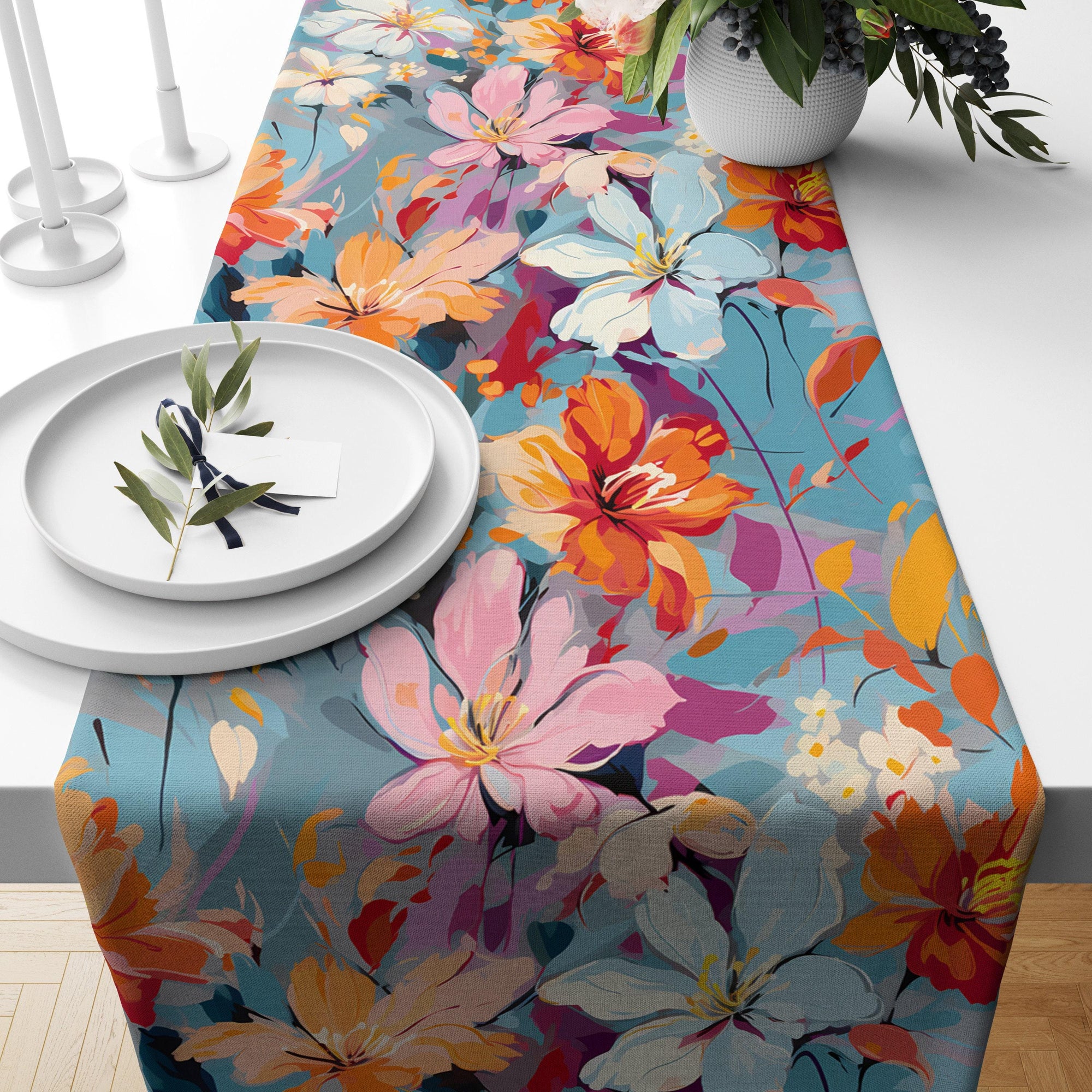 Floral Table Runner, Flowers Print Table Runner, Wildflovers Table Runners, Purple Table Runner, Print Floral Table Runner