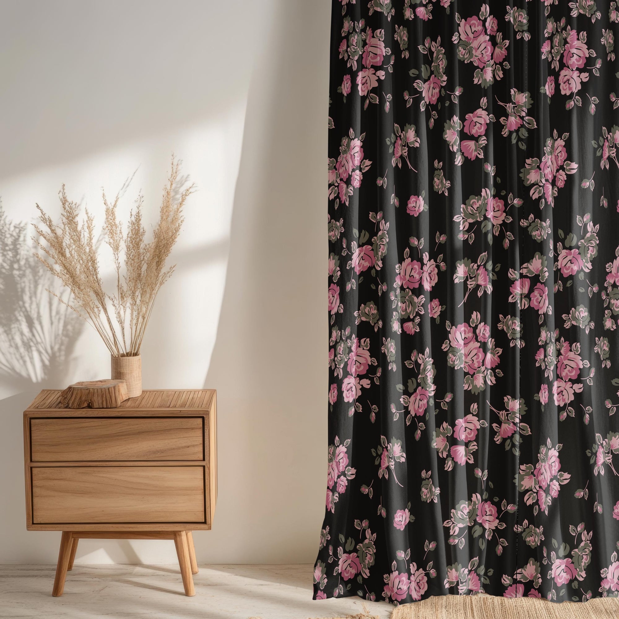 Floral Curtain Panels, Farmhouse Floral Window Curtain, Black Pink Floral Curtain, Floral Grommet Curtain, Pink Roses Floral Print Drapes