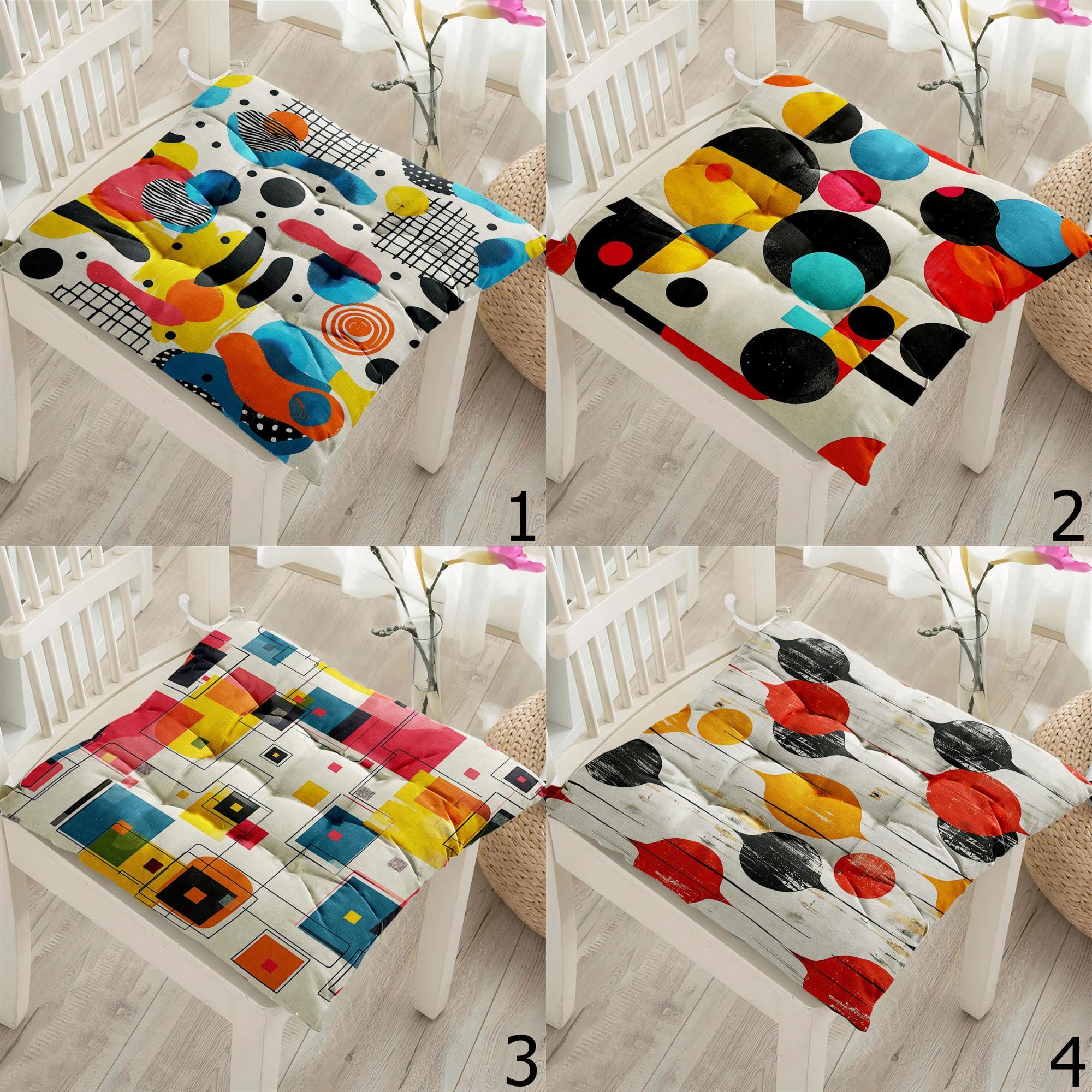 Retro Square Chair Pad, Mid Century Modern Chair Cushion with Ties, 70s Style Patio Chair Cushions, Colorful Retro Abstract Chair Pads