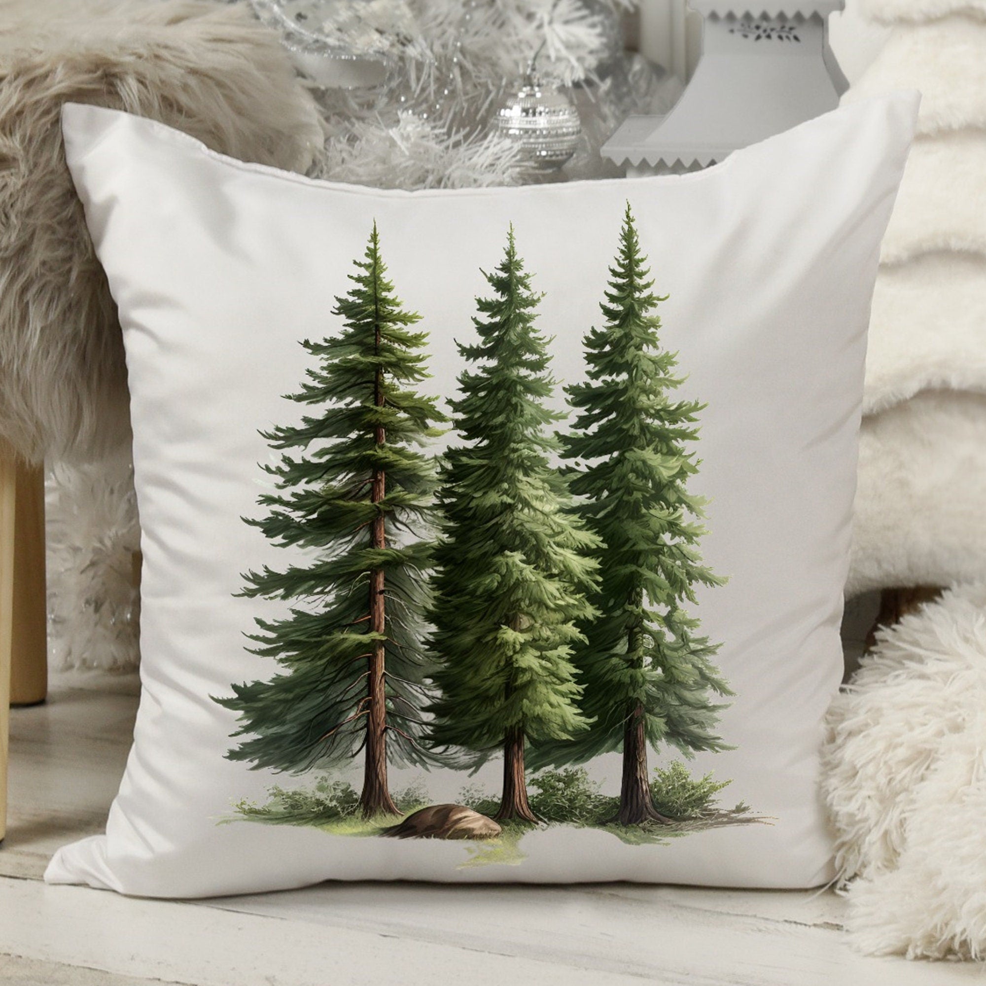 Christmas Green Pine Trees Pillow Covers, Xmas Pine Throw Pillow Cover, Winter Holly Trees Cushion Covers, Christmas Home Decor Pillow