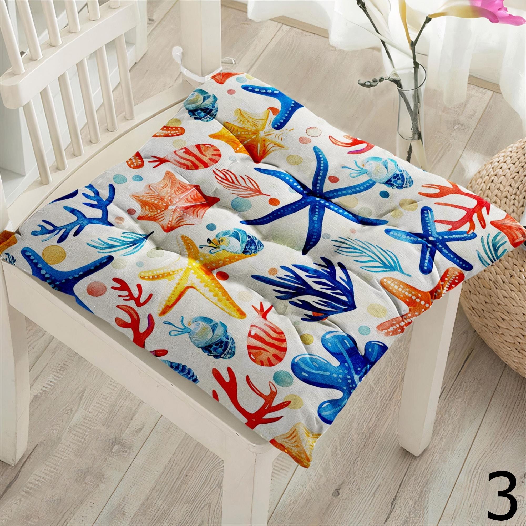 Coastal Sea Life Chair Pads, Nautical Ocean Seat Cushions, Starfish Coral Design Summer Patio Cushions, Beach Home Chair Cushions