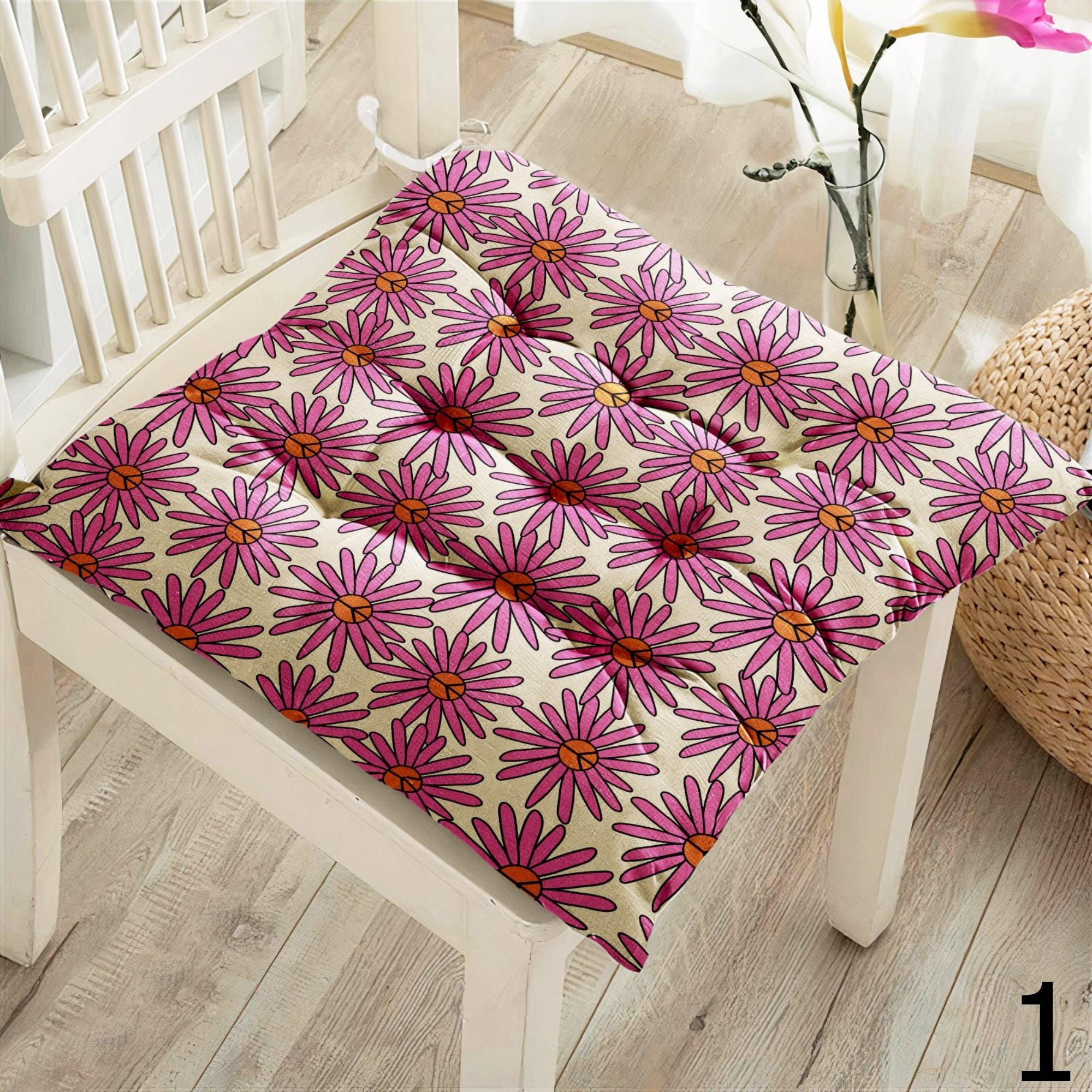 Floral Square Chair Pad, Daisy Flowers Chair Cushion with Ties, Floral Style Patio Chair Cushions, Colorful Floral Chair Pads