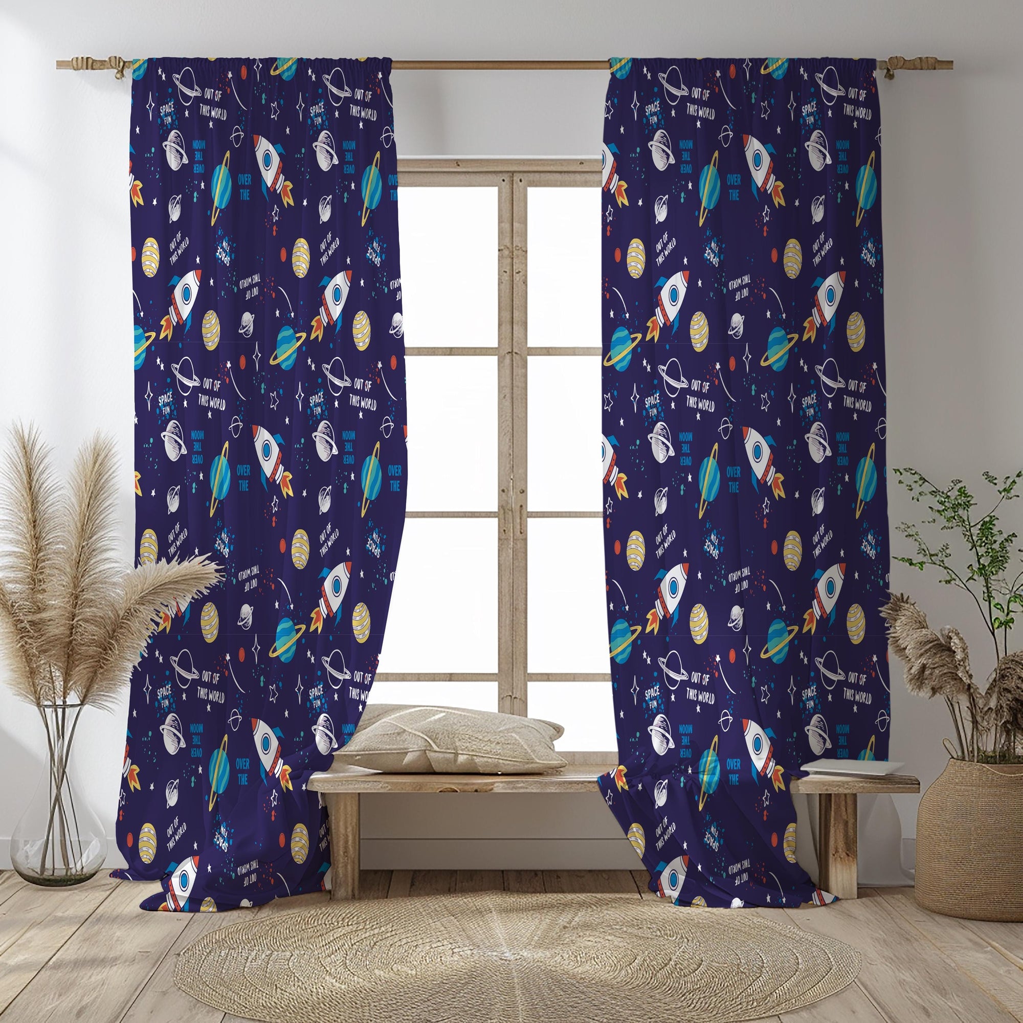 Kids Space Theme Curtains, Rocket Planet Window Panel, Outer Space Room Drapes, Galaxy Print Curtain Kids Room, Space Galaxy Curtain Panels