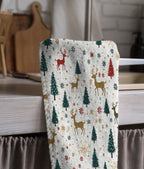 Christmas Tea Towels, Xmas Dish Towel, Christmas Santa Claus Tea Towel, Holly Pine Trees Hand Towel, Christmas Kitchen Towel